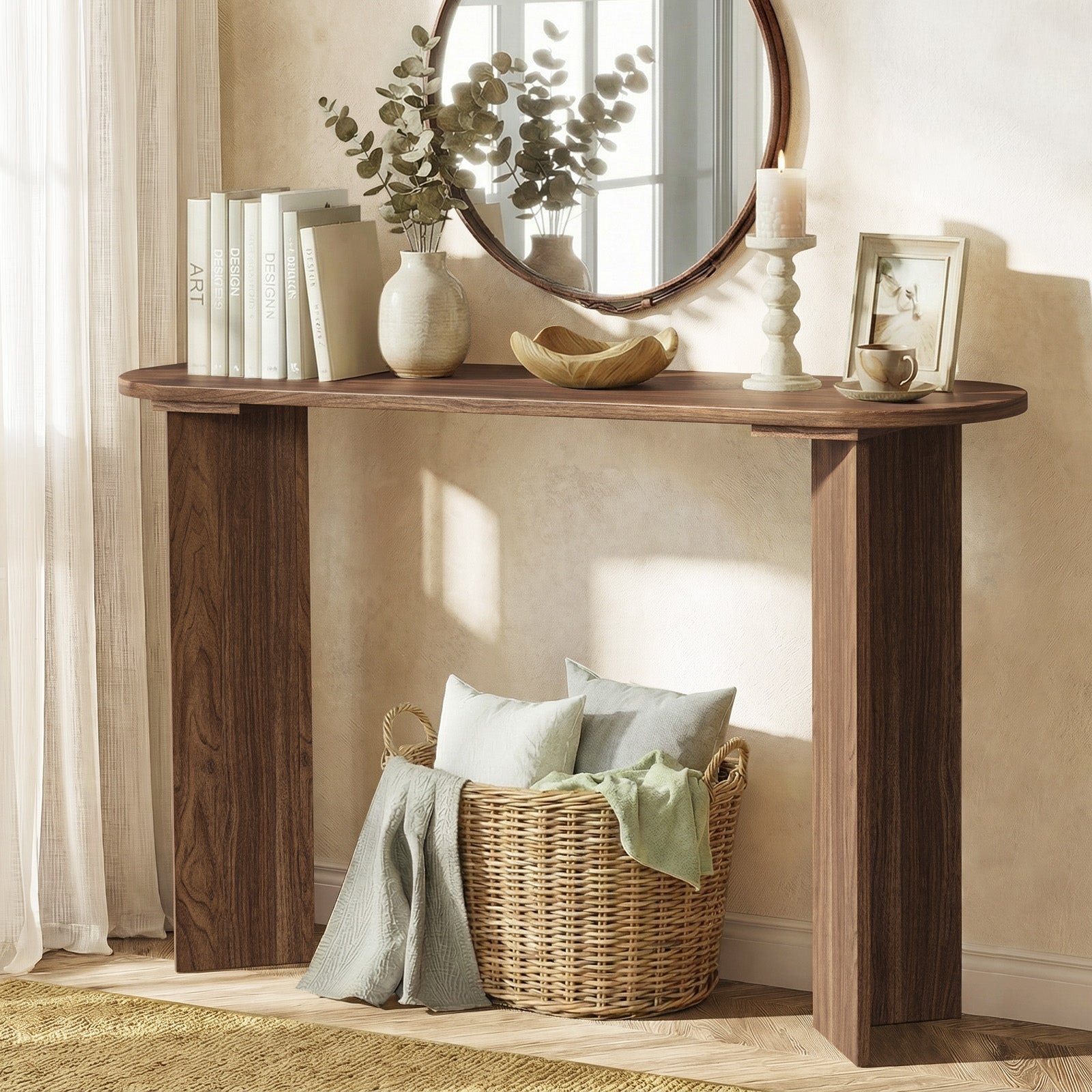 Oikiture Console Table Oval Entryway Storage Hallway Sofa Side Desk Walnut