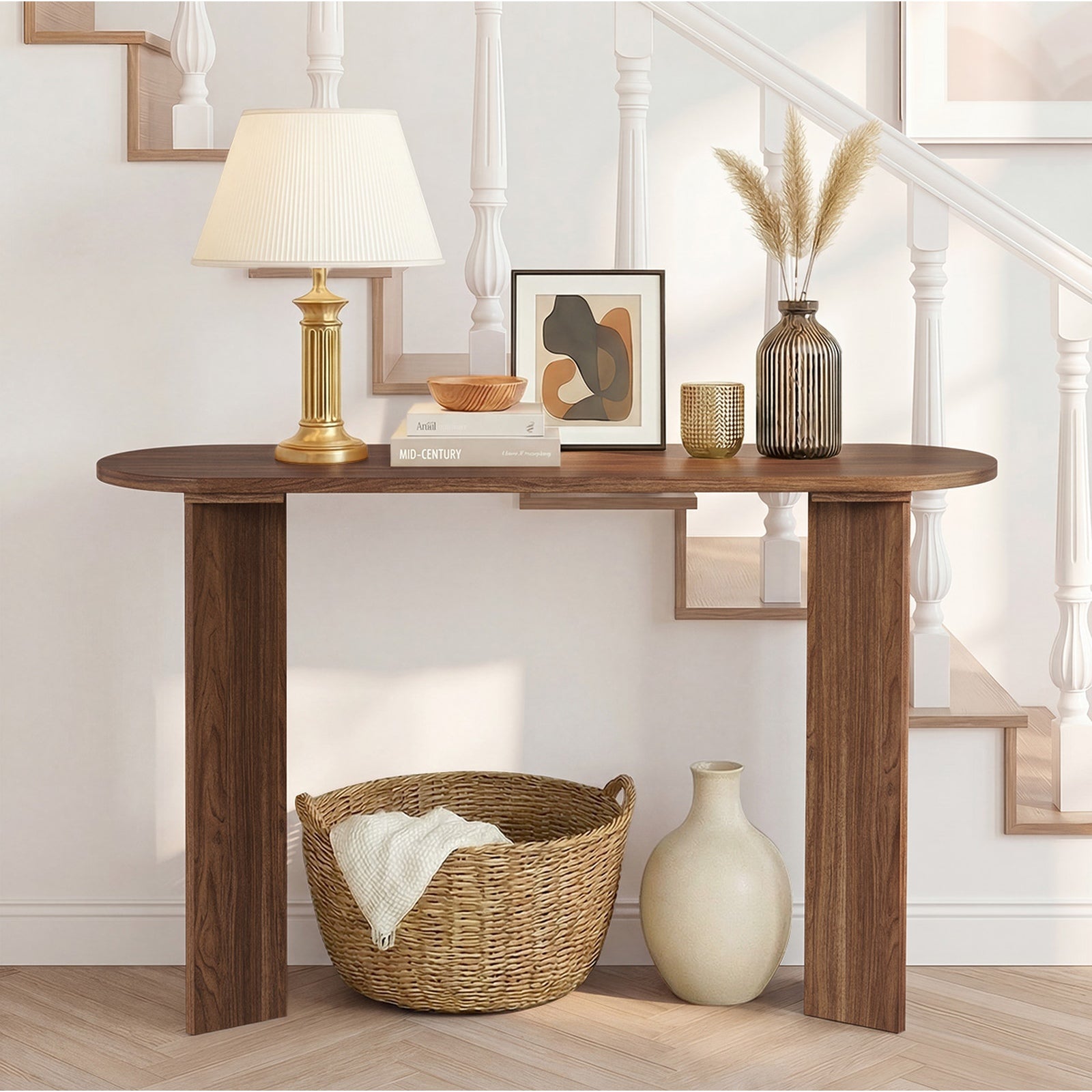 Oikiture Console Table Oval Entryway Storage Hallway Sofa Side Desk Walnut