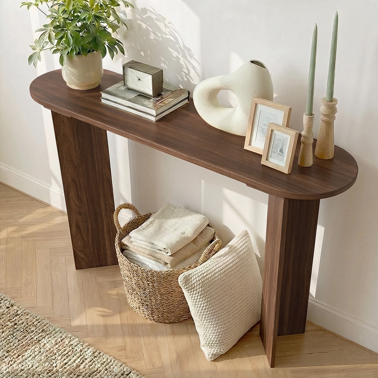 Oikiture Console Table Oval Entryway Storage Hallway Sofa Side Desk Walnut