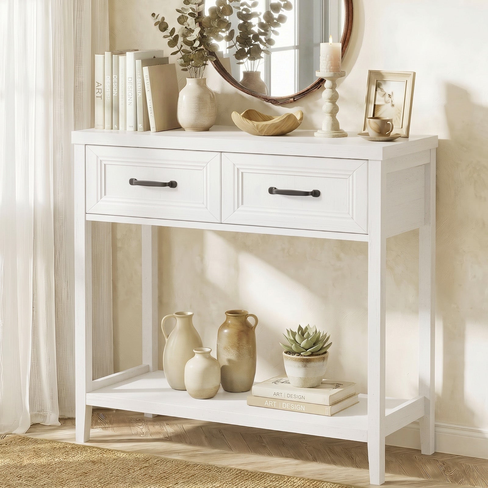 Oikiture Console Table 2 Drawers Hallway Entryway Storage Display Shelf White