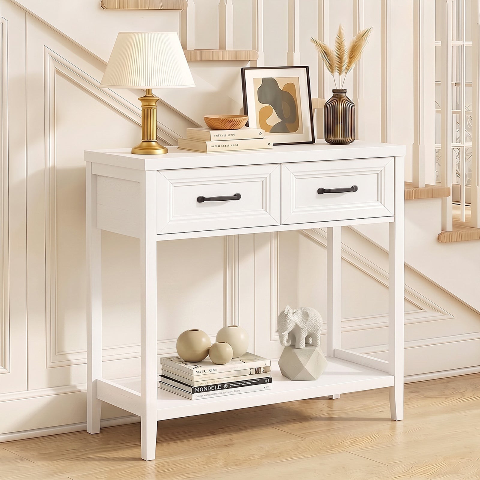 Oikiture Console Table 2 Drawers Hallway Entryway Storage Display Shelf White