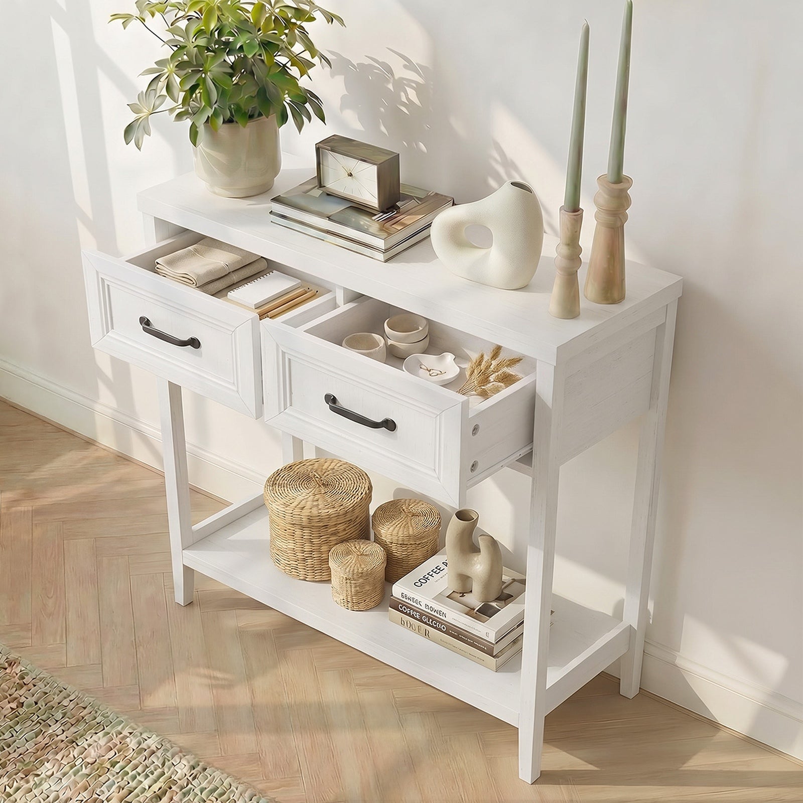 Oikiture Console Table 2 Drawers Hallway Entryway Storage Display Shelf White