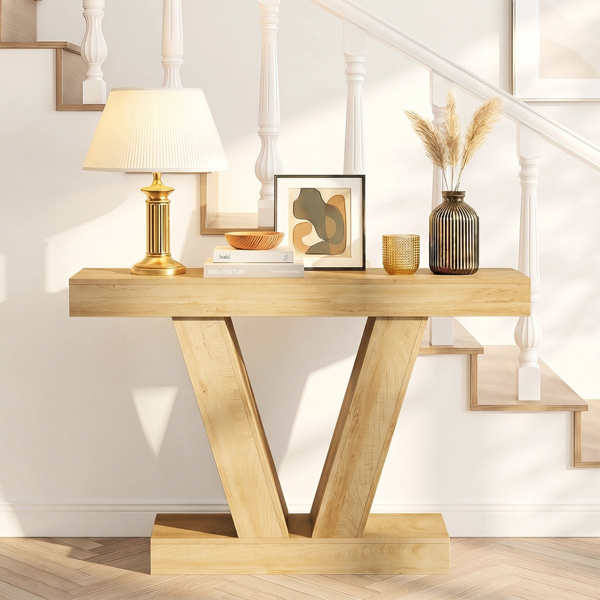 Oikiture Modern Console Table Narrow Sofa Table V-Shape Storage Natural