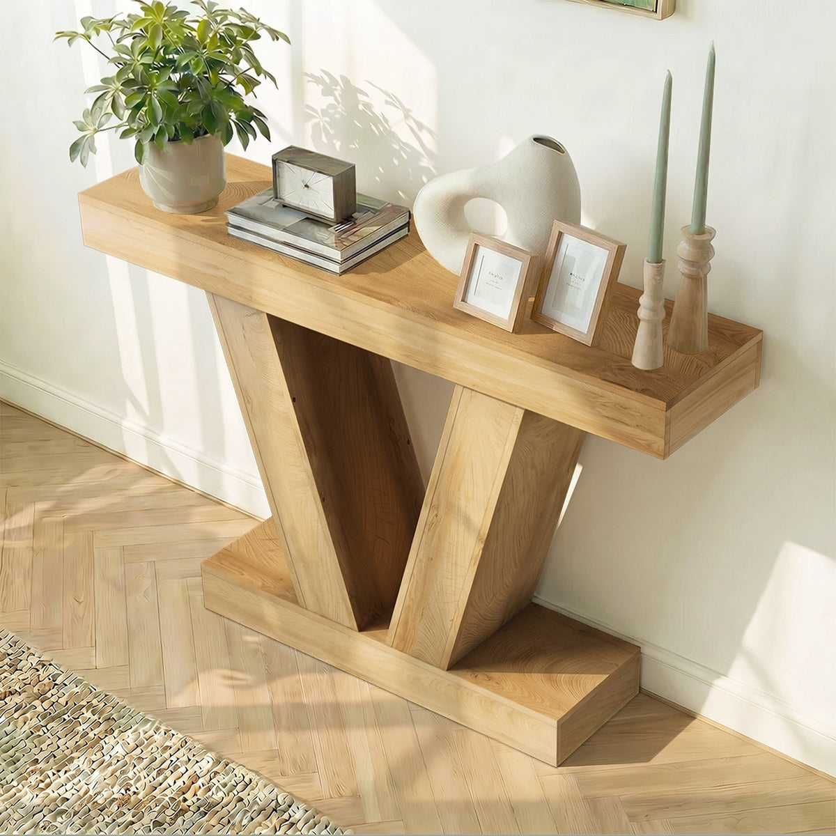 Oikiture Modern Console Table Narrow Sofa Table V-Shape Storage Natural