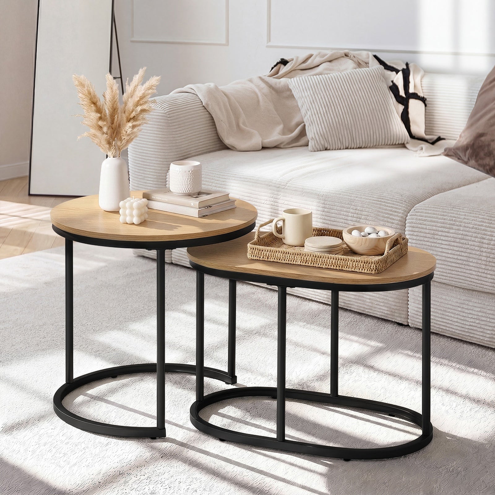 Oikiture Set of 2 Coffee Table Nesting Round Oval Side End Tables Natural - Sunyee