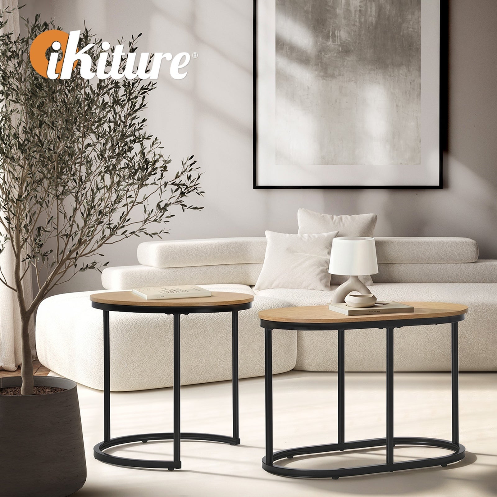 Oikiture Set of 2 Coffee Table Nesting Round Oval Side End Tables Natural - Sunyee