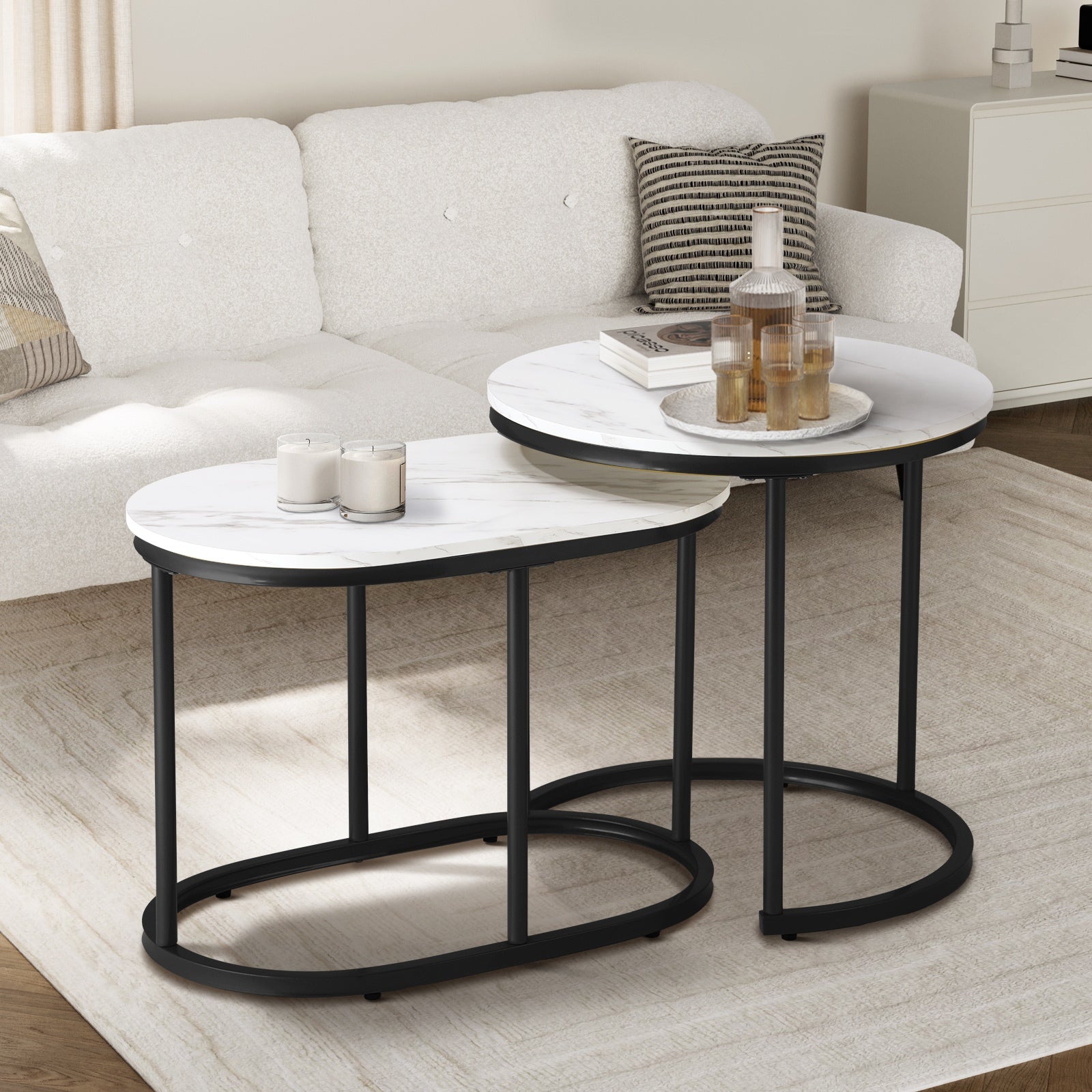 Oikiture Set of 2 Coffee Table Round Oval Marble-like Nesting Side Tables Black - Sunyee