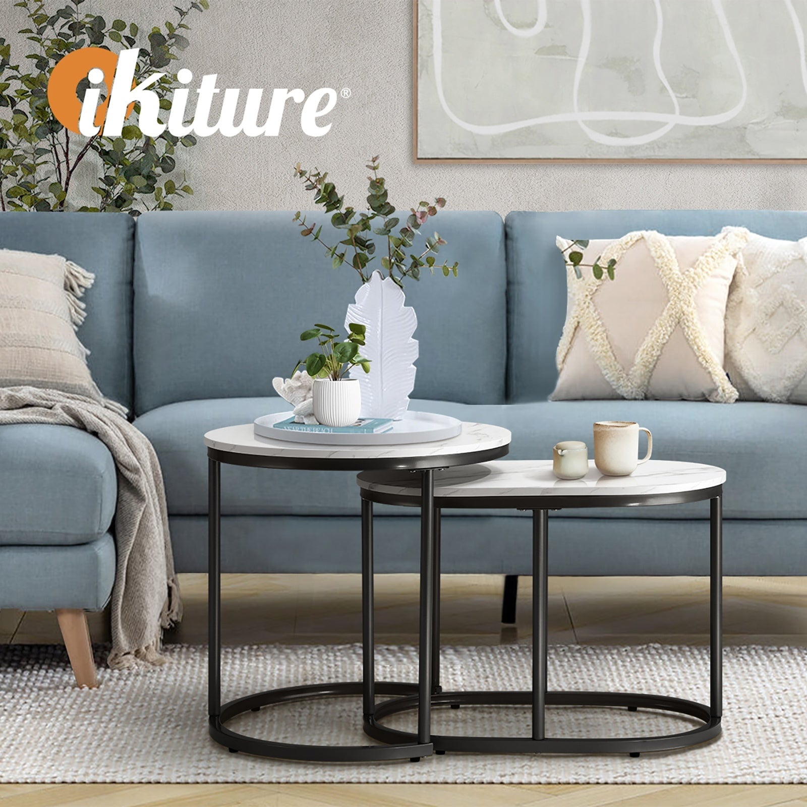 Oikiture Set of 2 Coffee Table Round Oval Marble-like Nesting Side Tables Black - Sunyee