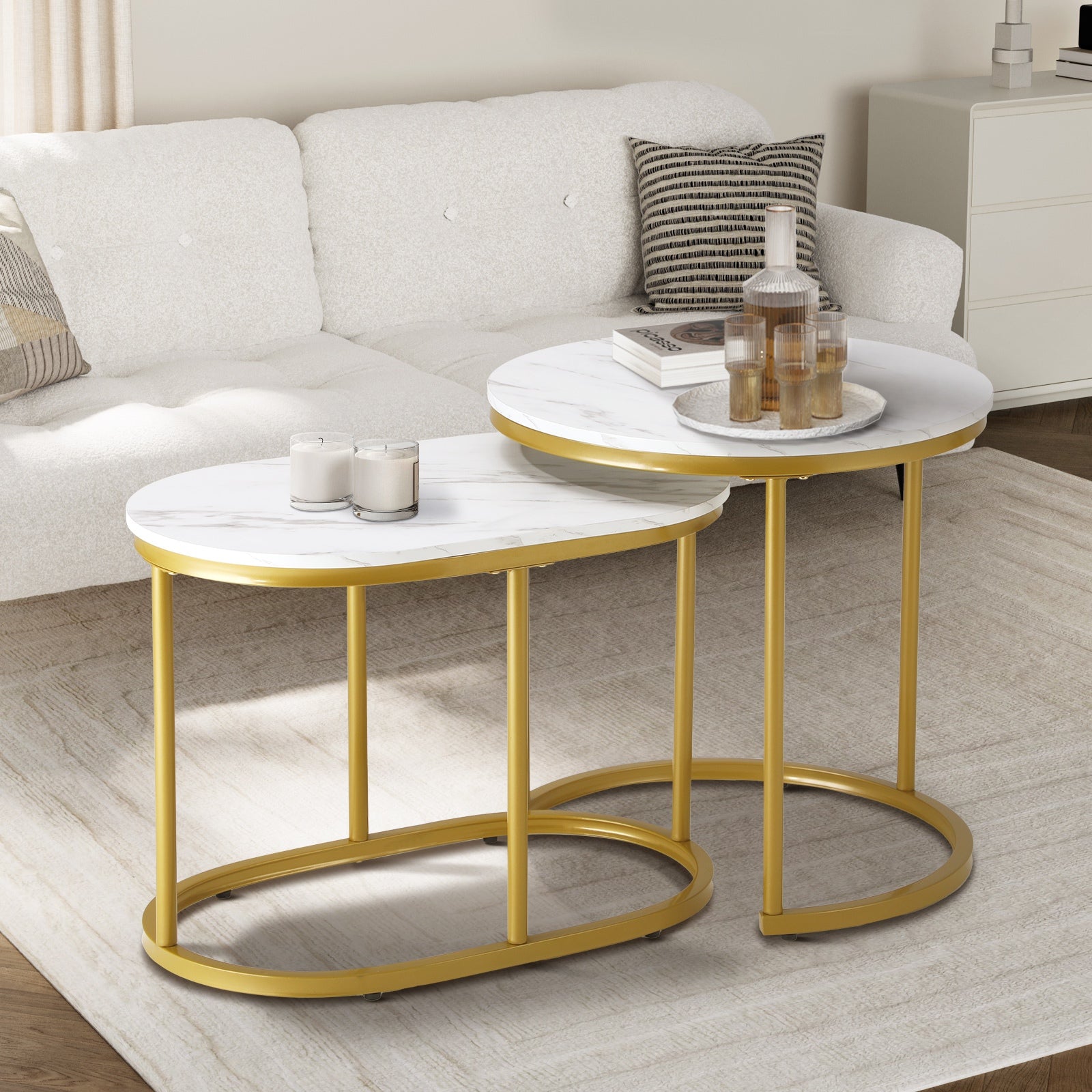 Oikiture Set of 2 Coffee Table Round Oval Marble-like Nesting Side Tables Gold - Sunyee