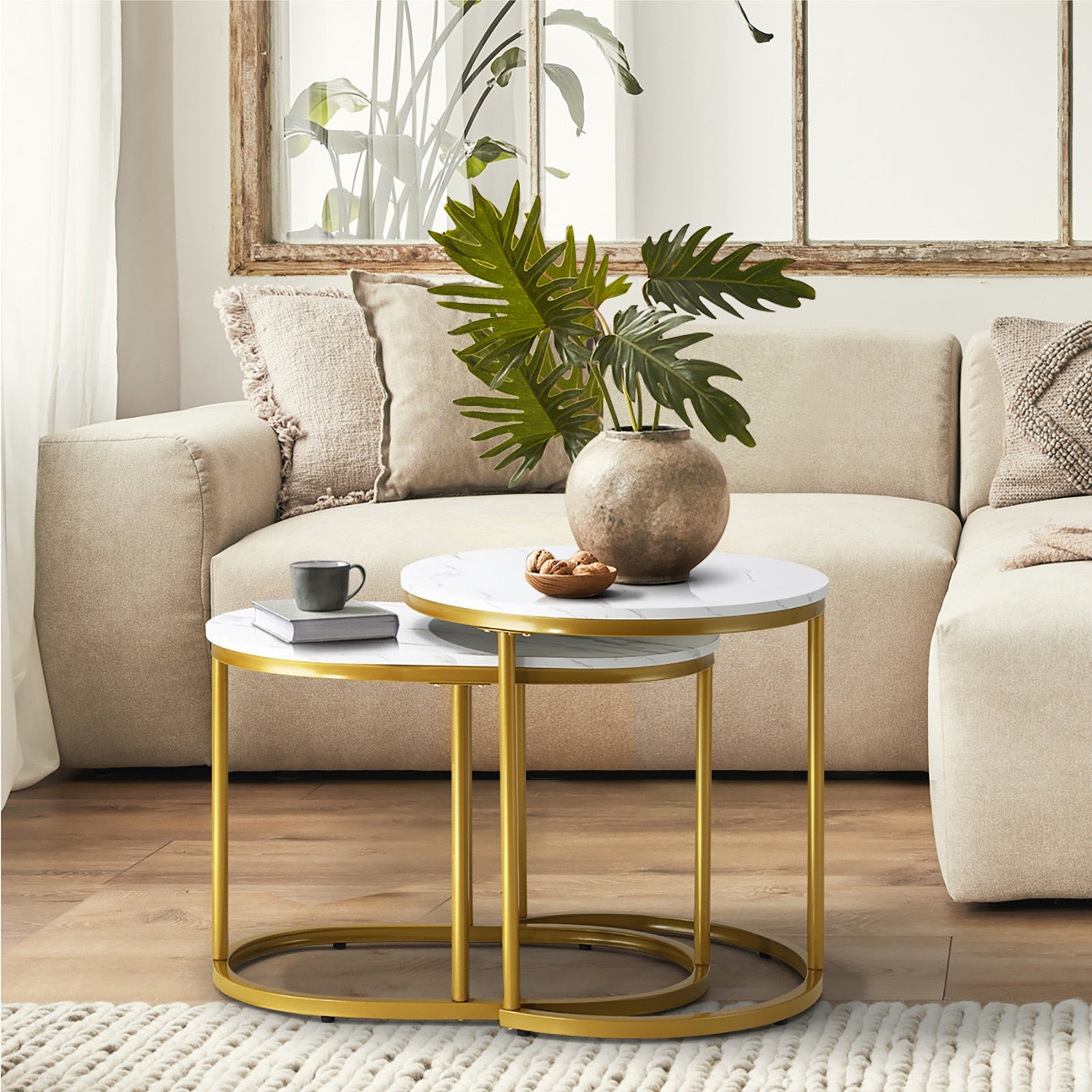 Oikiture Set of 2 Coffee Table Round Oval Marble-like Nesting Side Tables Gold - Sunyee