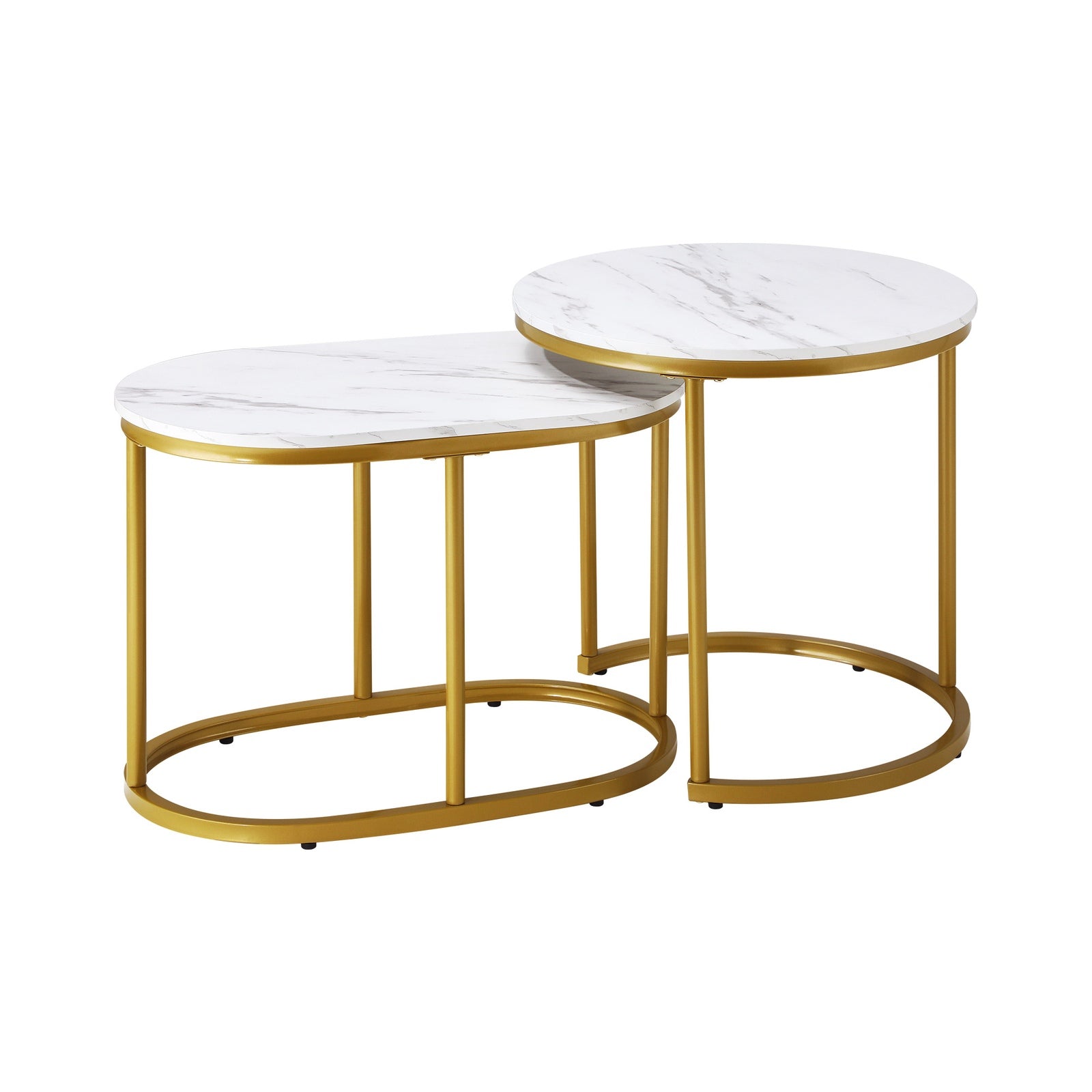 Oikiture Set of 2 Coffee Table Round Oval Marble-like Nesting Side Tables Gold - Sunyee