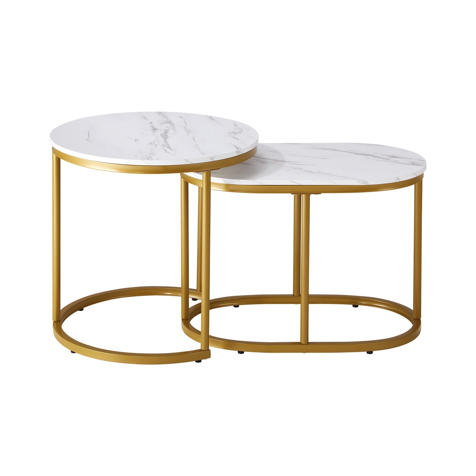 Oikiture Set of 2 Coffee Table Round Oval Marble-like Nesting Side Tables Gold - Sunyee