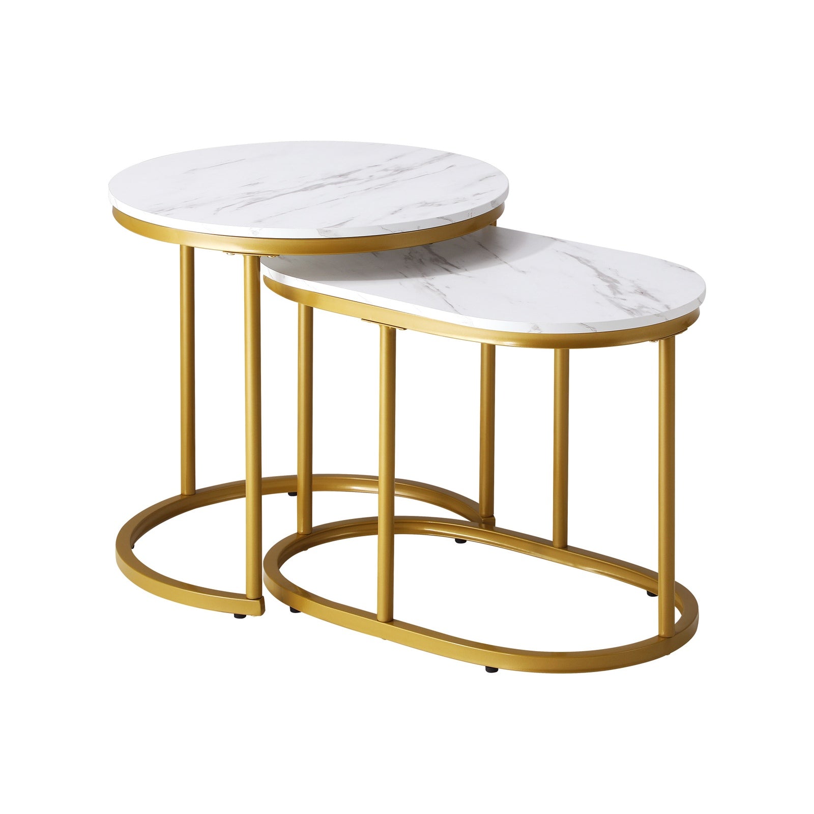 Oikiture Set of 2 Coffee Table Round Oval Marble-like Nesting Side Tables Gold - Sunyee