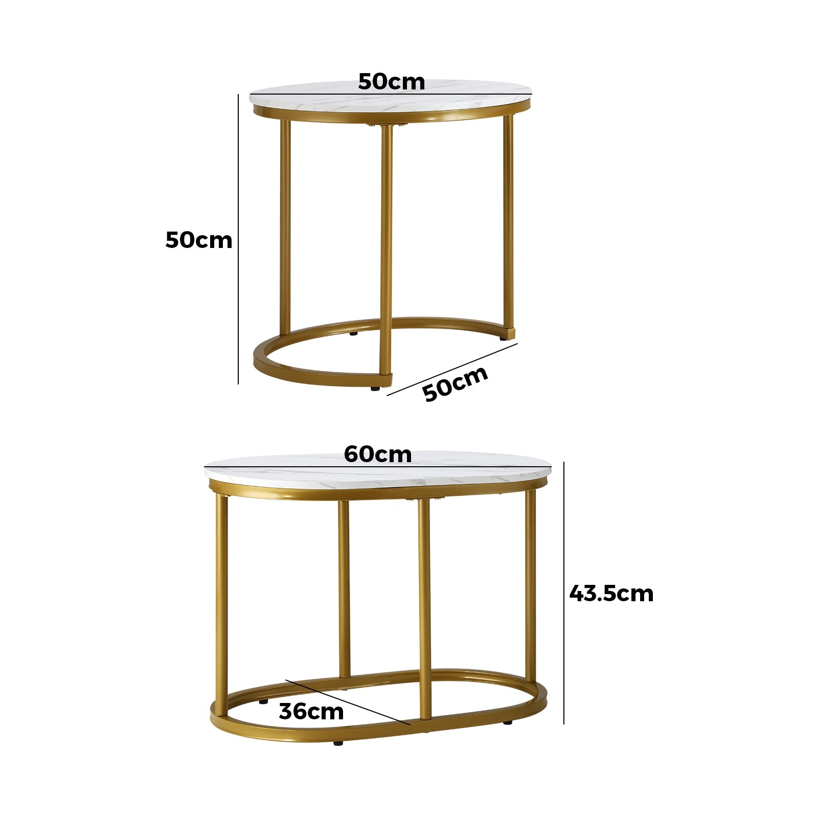 Oikiture Set of 2 Coffee Table Round Oval Marble-like Nesting Side Tables Gold - Sunyee