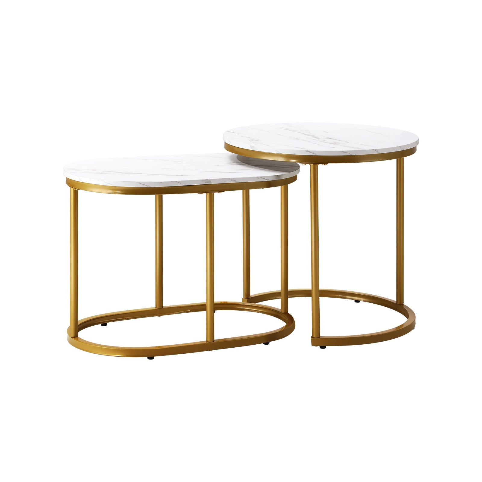 Oikiture Set of 2 Coffee Table Round Oval Marble-like Nesting Side Tables Gold - Sunyee