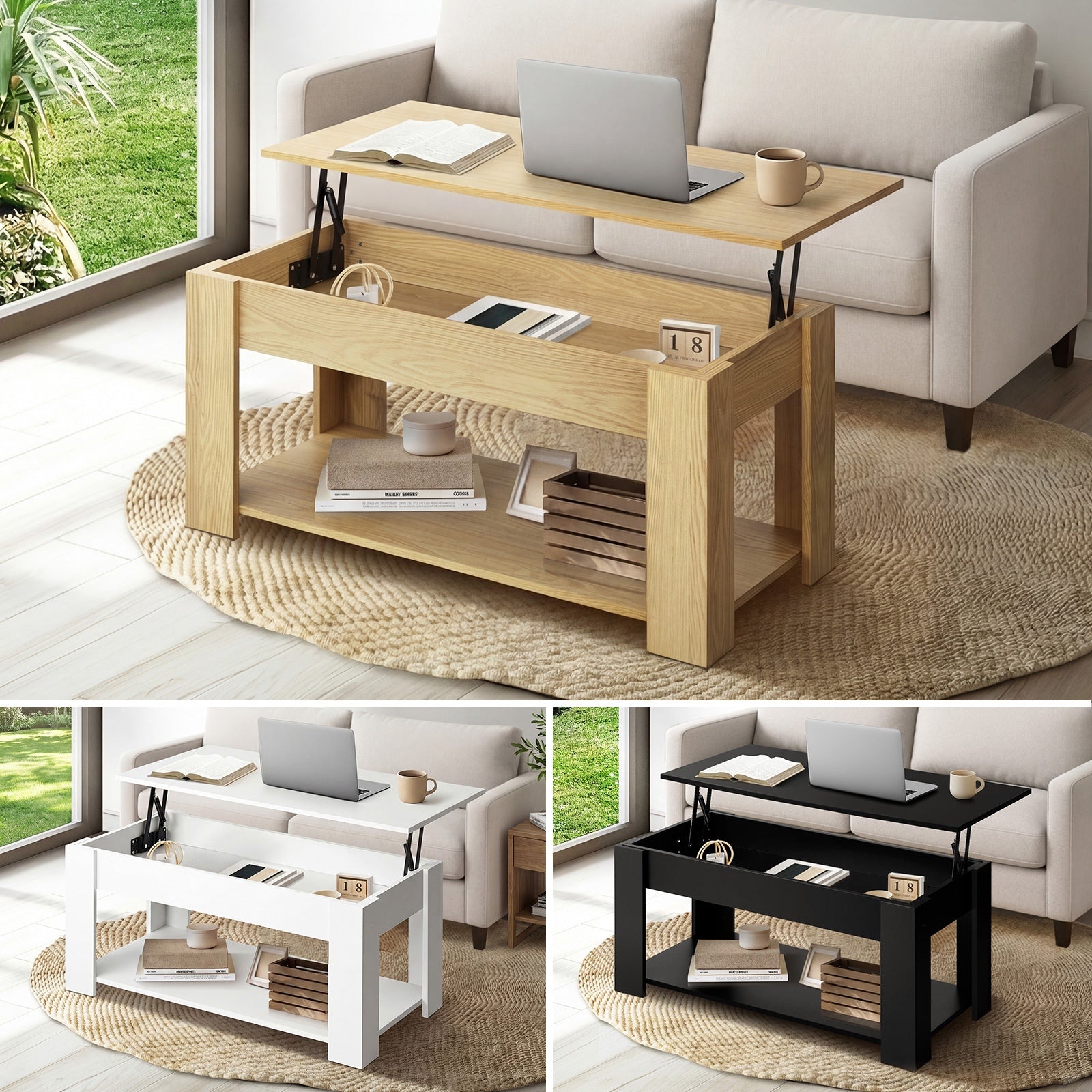 Oikiture Coffee Table Lift Up Top Convertible Storage Book Shelf