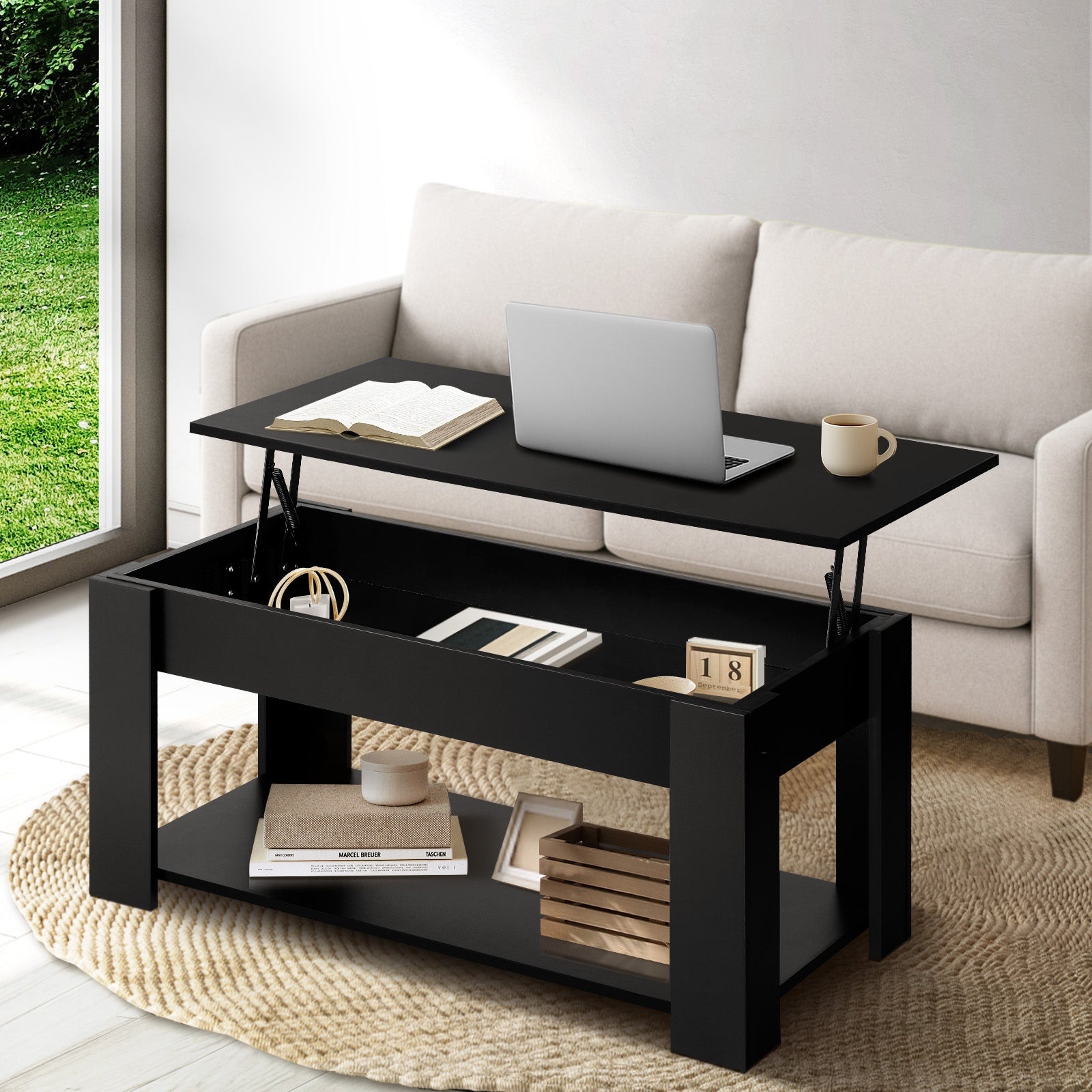 Oikiture Coffee Table Lift Up Top Convertible Storage Book Shelf