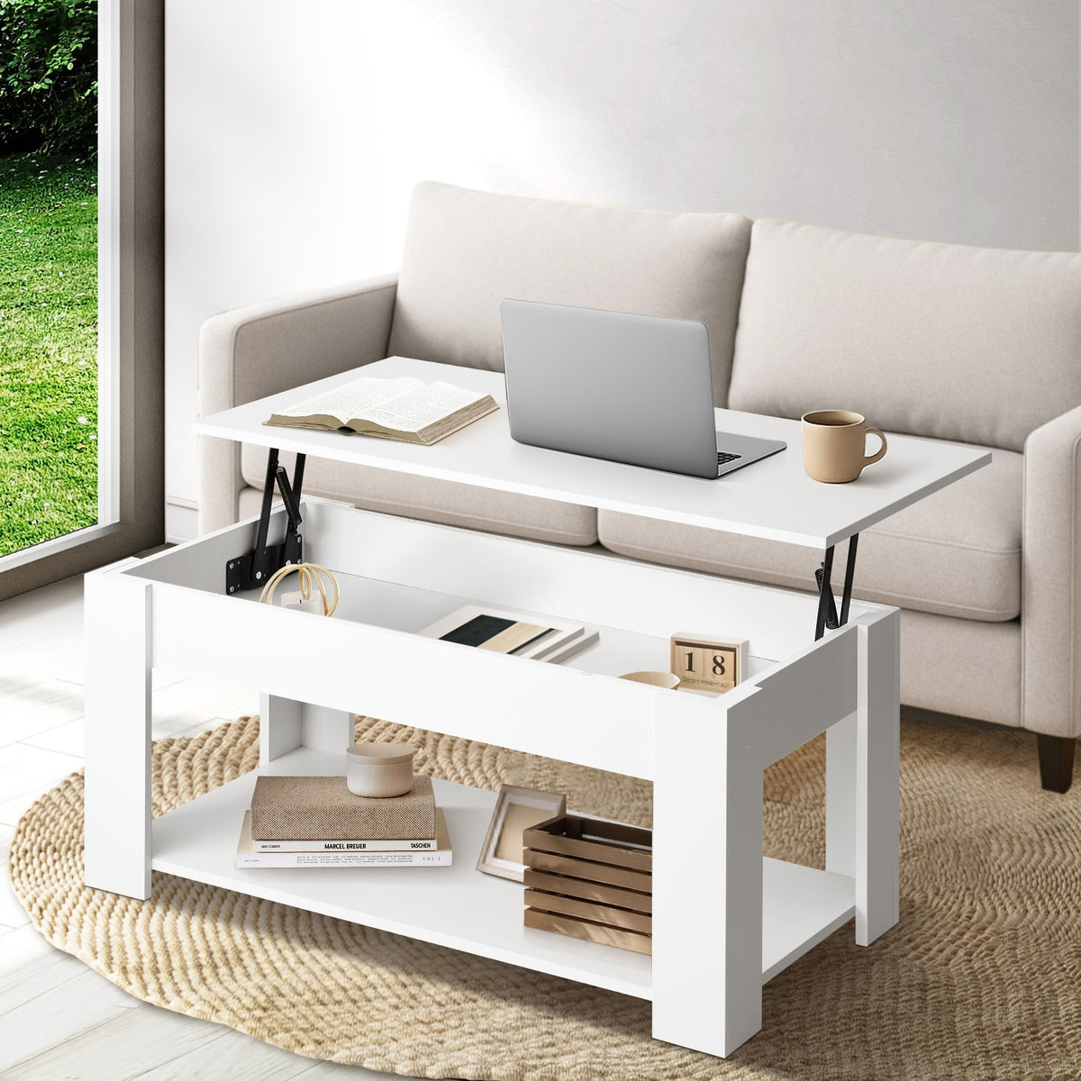 Oikiture Coffee Table Lift Up Top Convertible Storage Book Shelf
