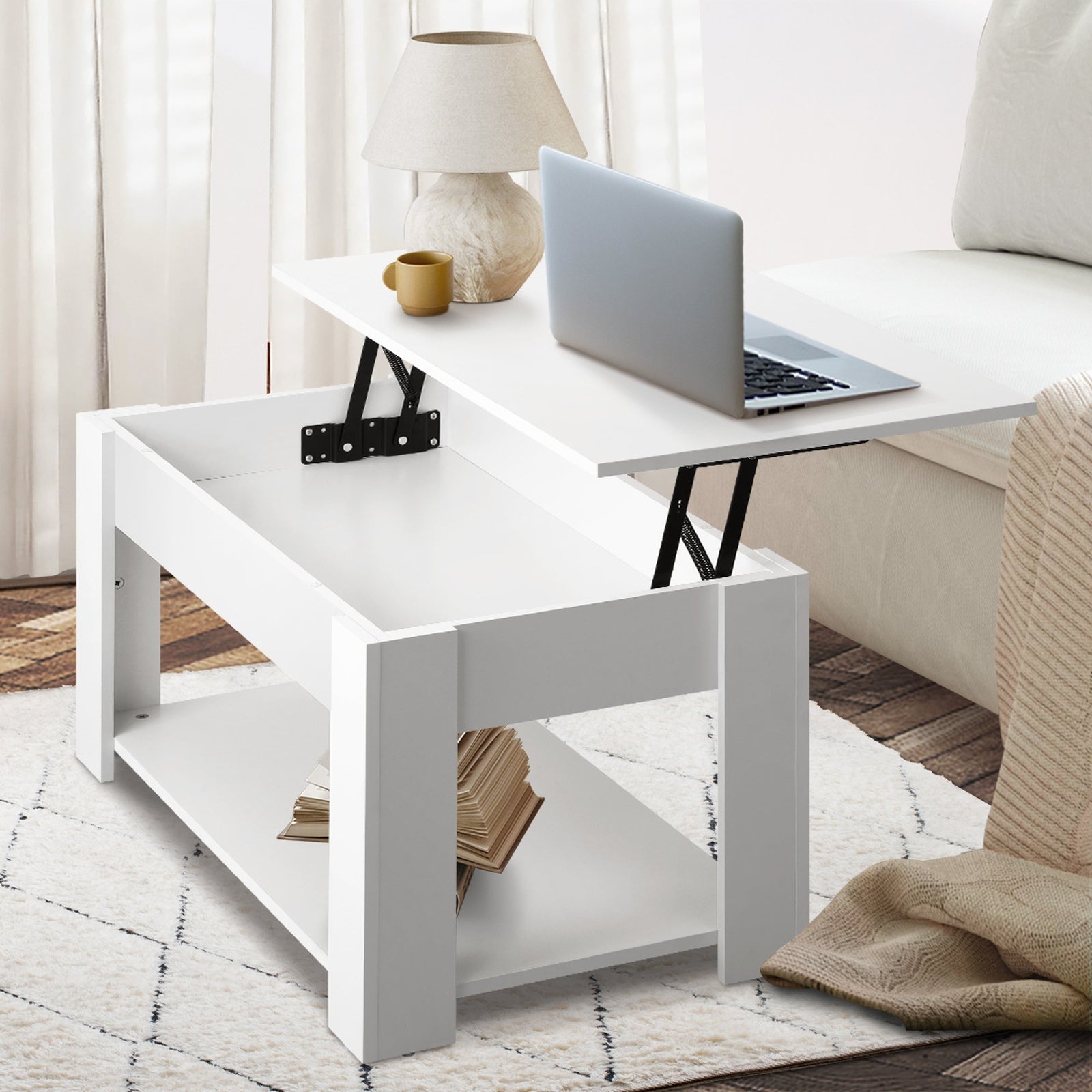 Oikiture Coffee Table Lift Up Top Modern Tables Hidden Book Storage White - Sunyee