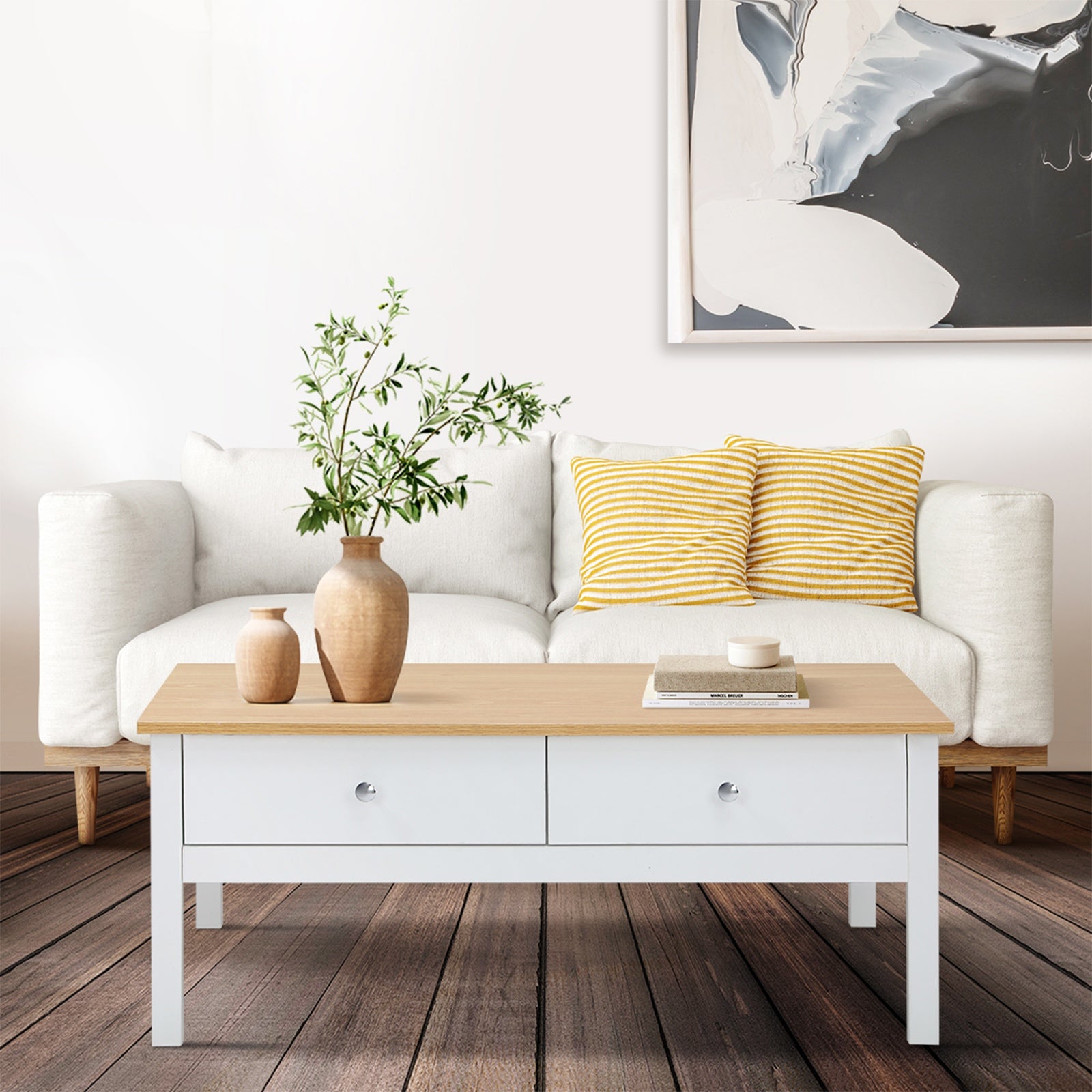 Oikiture Coffee Table Storage Drawers Side Tables Sofa Cafe Desk Natural White - Sunyee