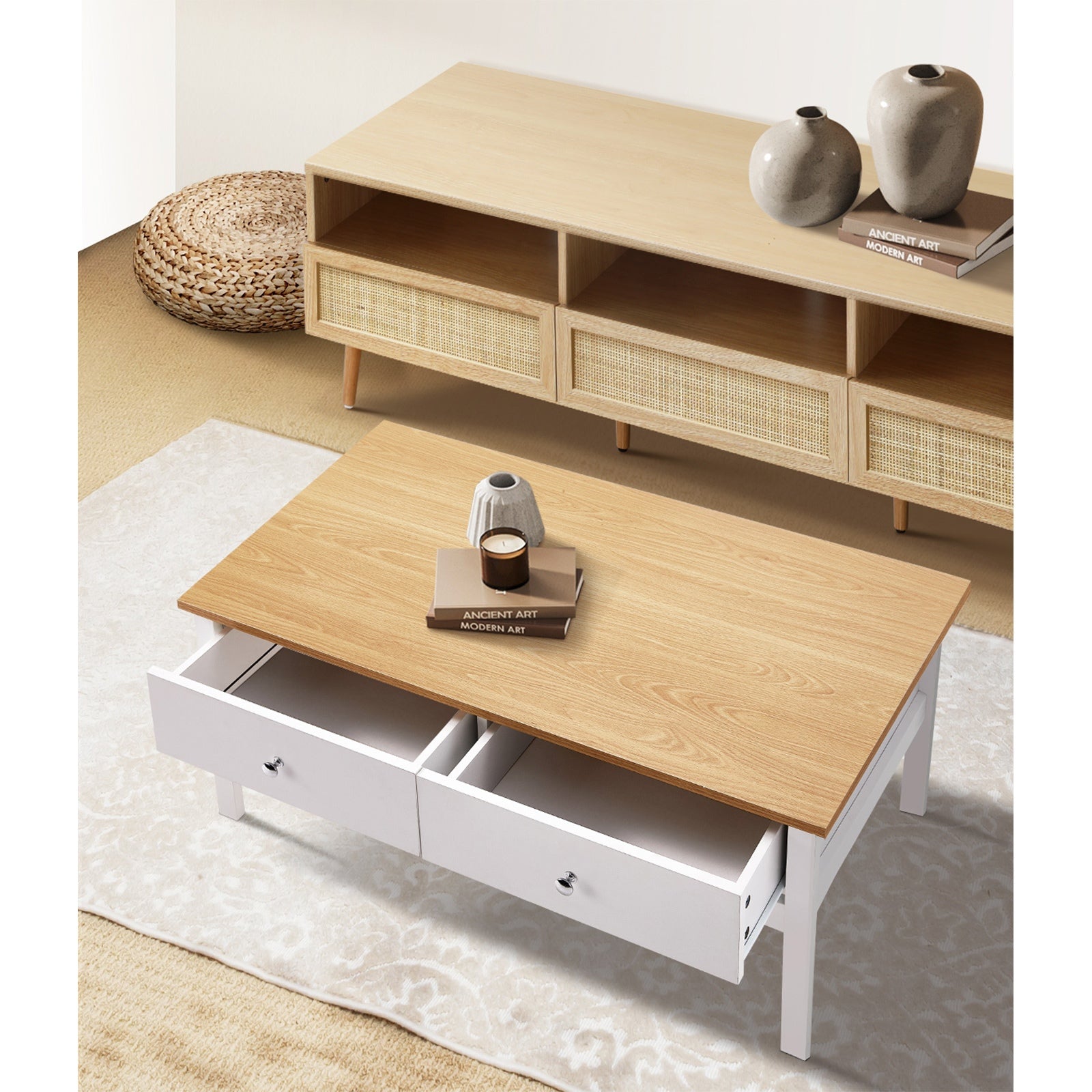 Oikiture Coffee Table Storage Drawers Side Tables Sofa Cafe Desk Natural White - Sunyee