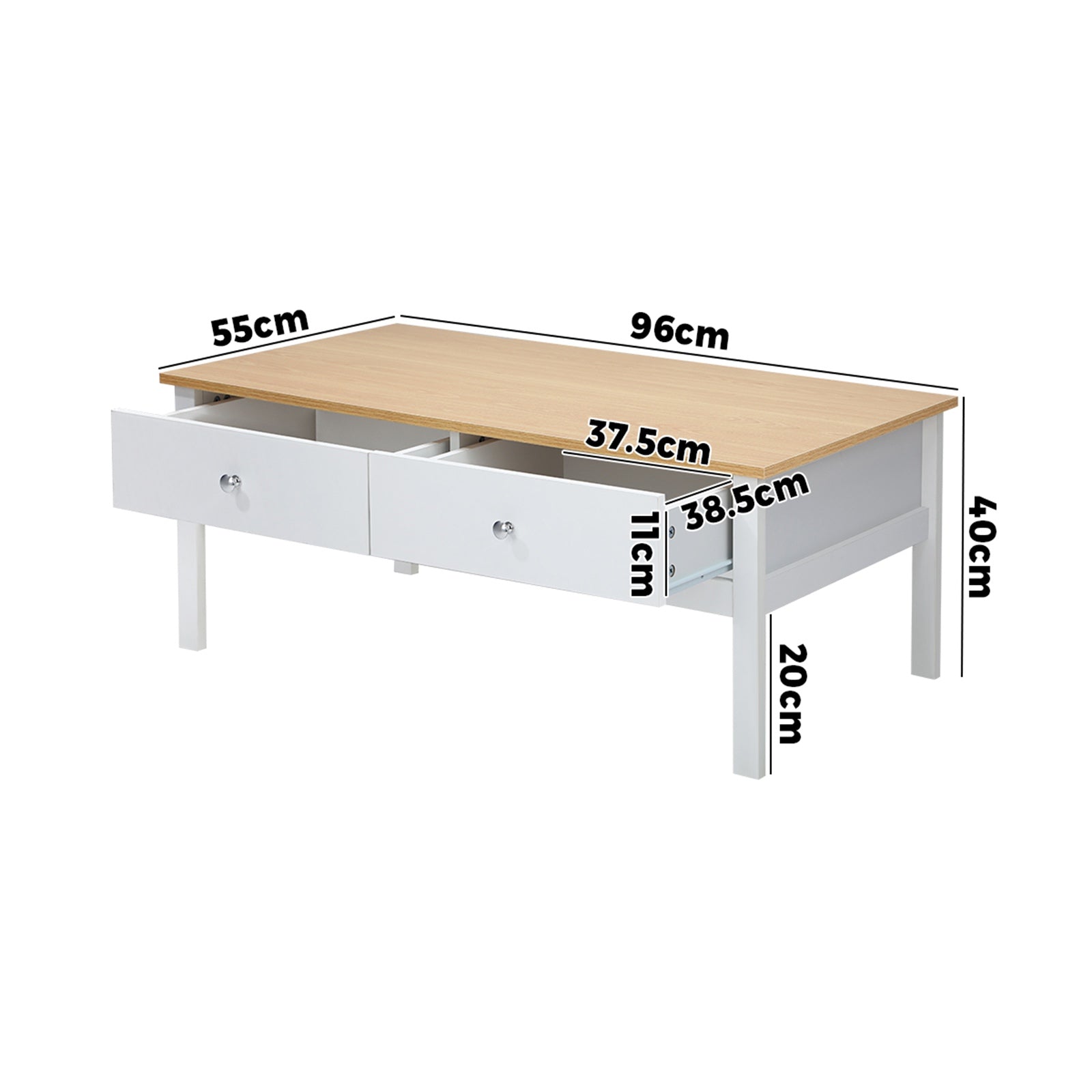 Oikiture Coffee Table Storage Drawers Side Tables Sofa Cafe Desk Natural White - Sunyee