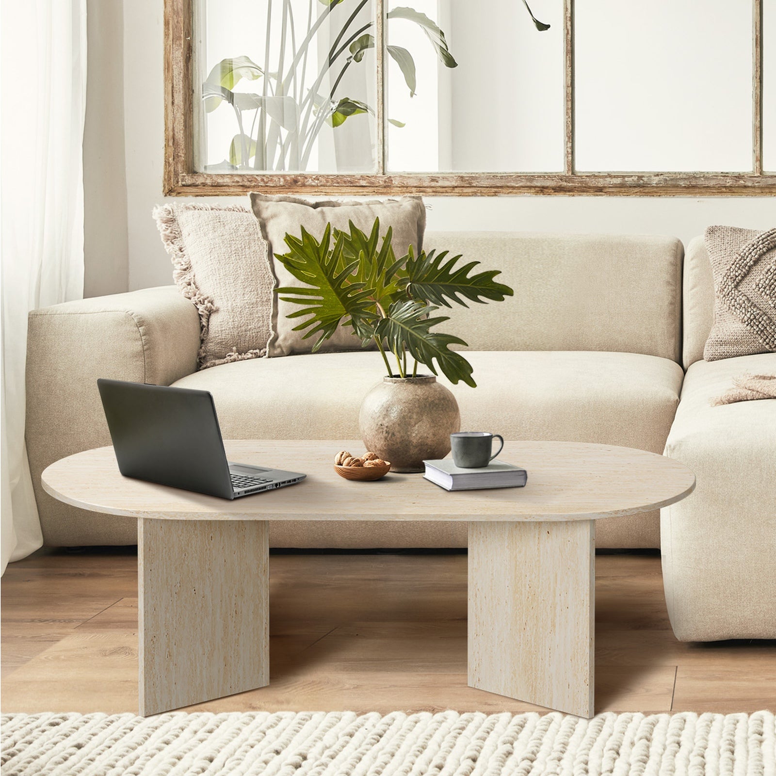 Oikiture Coffee Table Sofa End Table Oval Side Cafe Desk Timber Beige - Sunyee