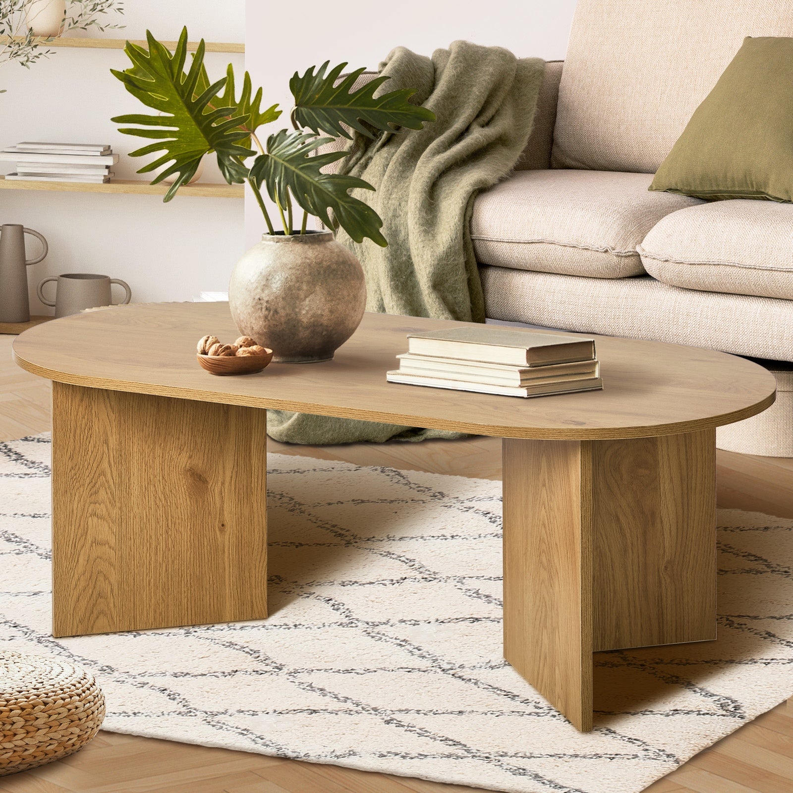 Oikiture Coffee Table Sofa End Table Oval Side Cafe Desk Timber Walnut - Sunyee