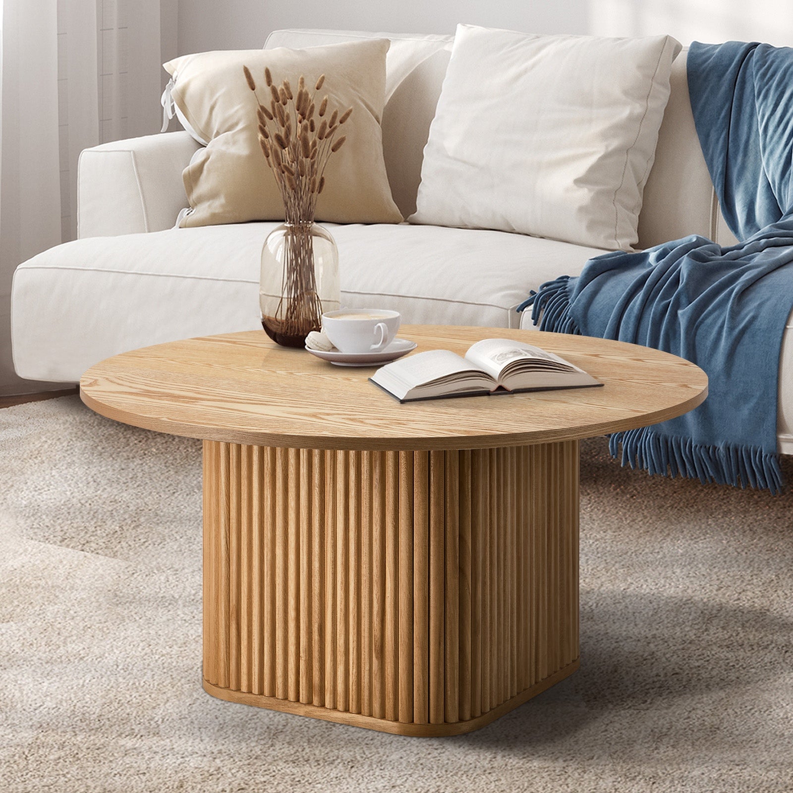 Oikiture Coffee Table Side End Tables Sofa Desk Round Wooden Furniture Natural - Sunyee