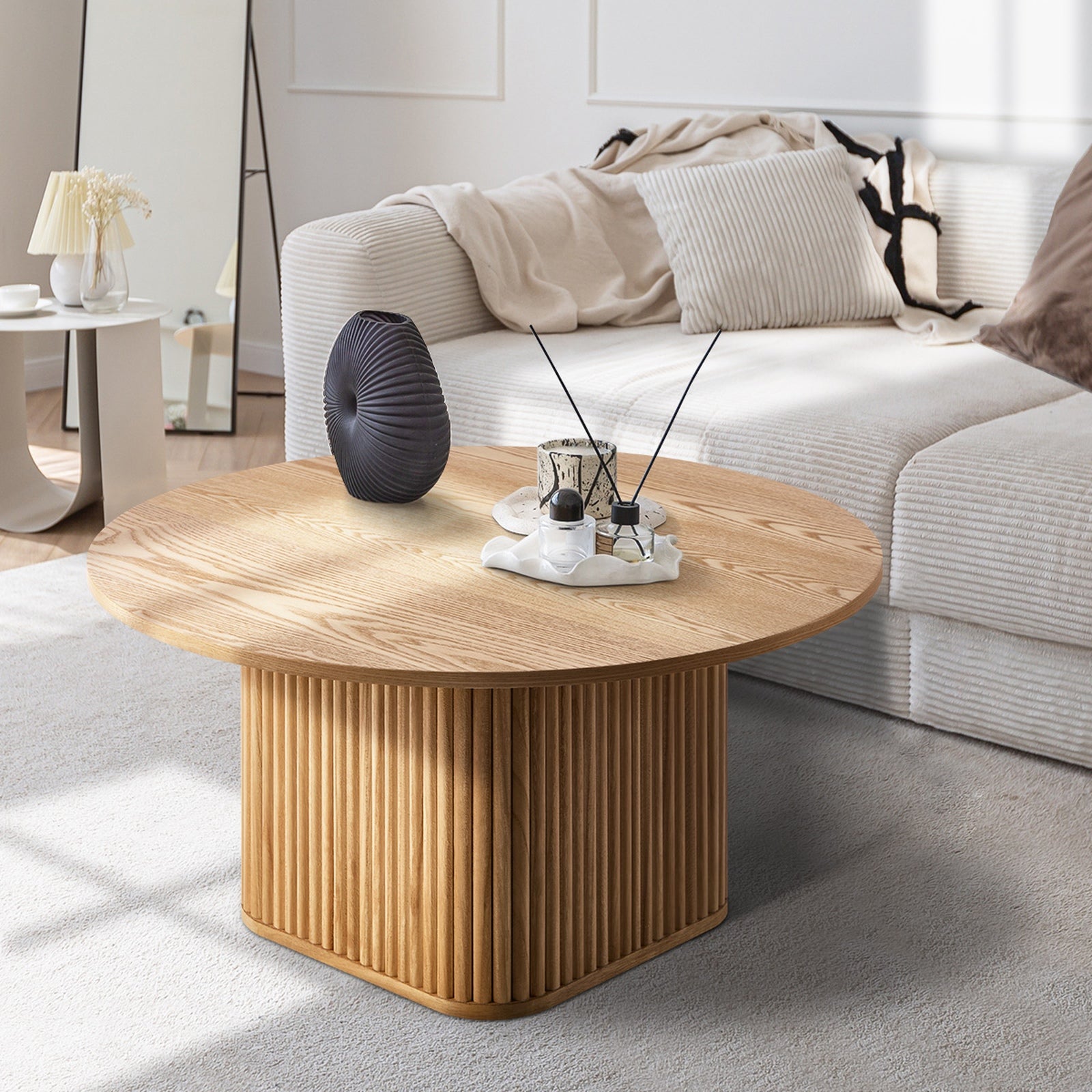 Oikiture Coffee Table Side End Tables Sofa Desk Round Wooden Furniture Natural - Sunyee
