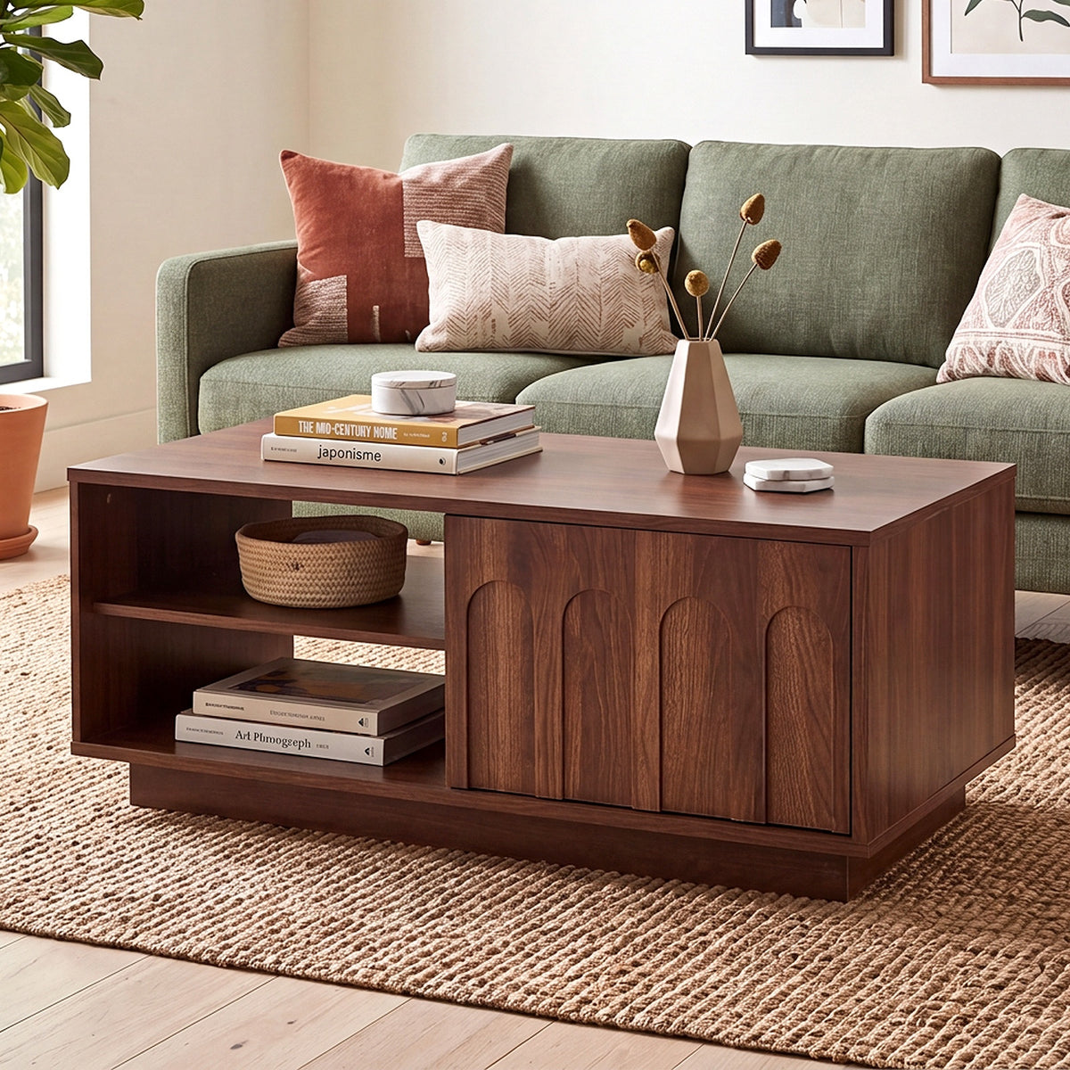 Oikiture Coffee Table 88cm Central Table Storage Drawer 2 Open Shelves Walnut