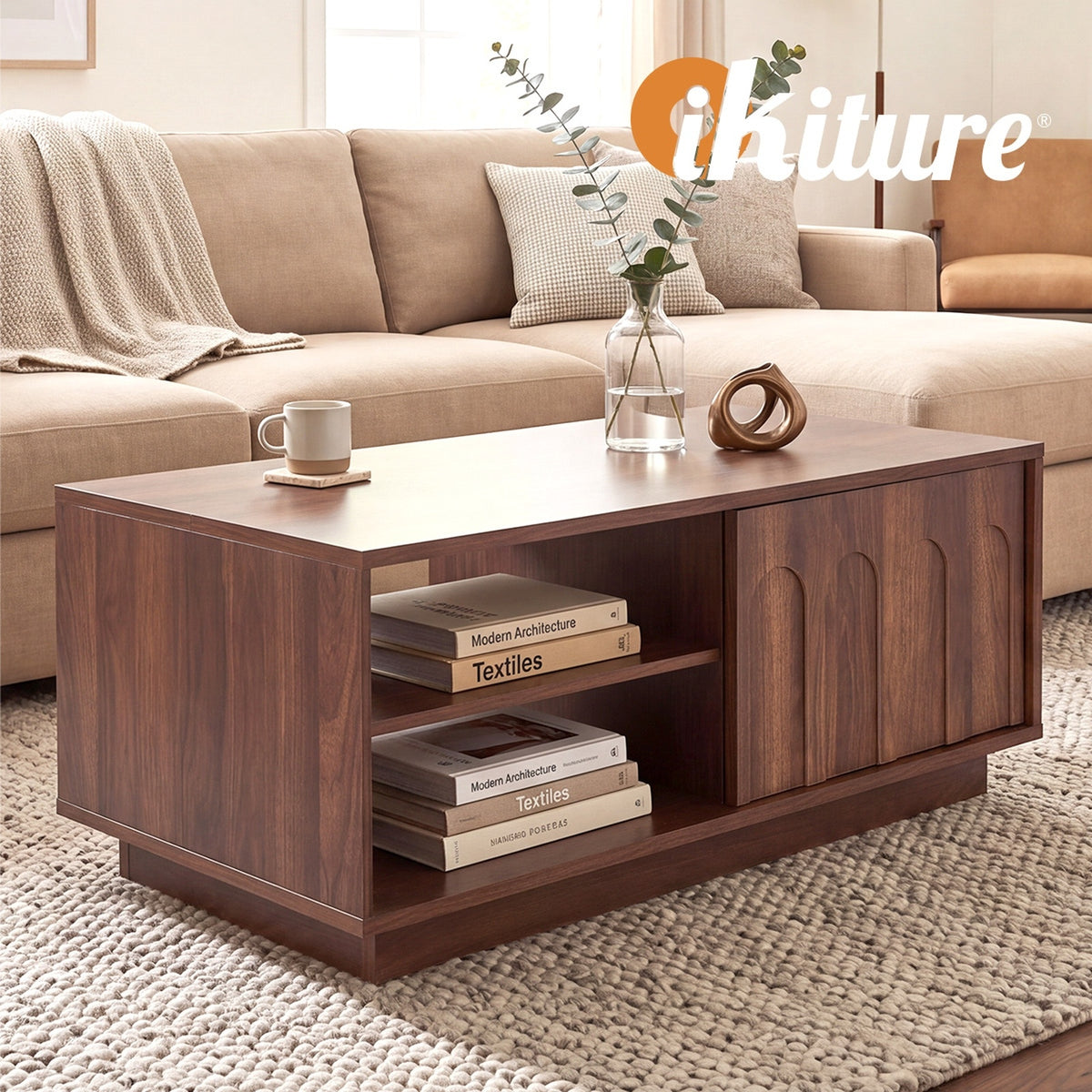 Oikiture Coffee Table 88cm Central Table Storage Drawer 2 Open Shelves Walnut