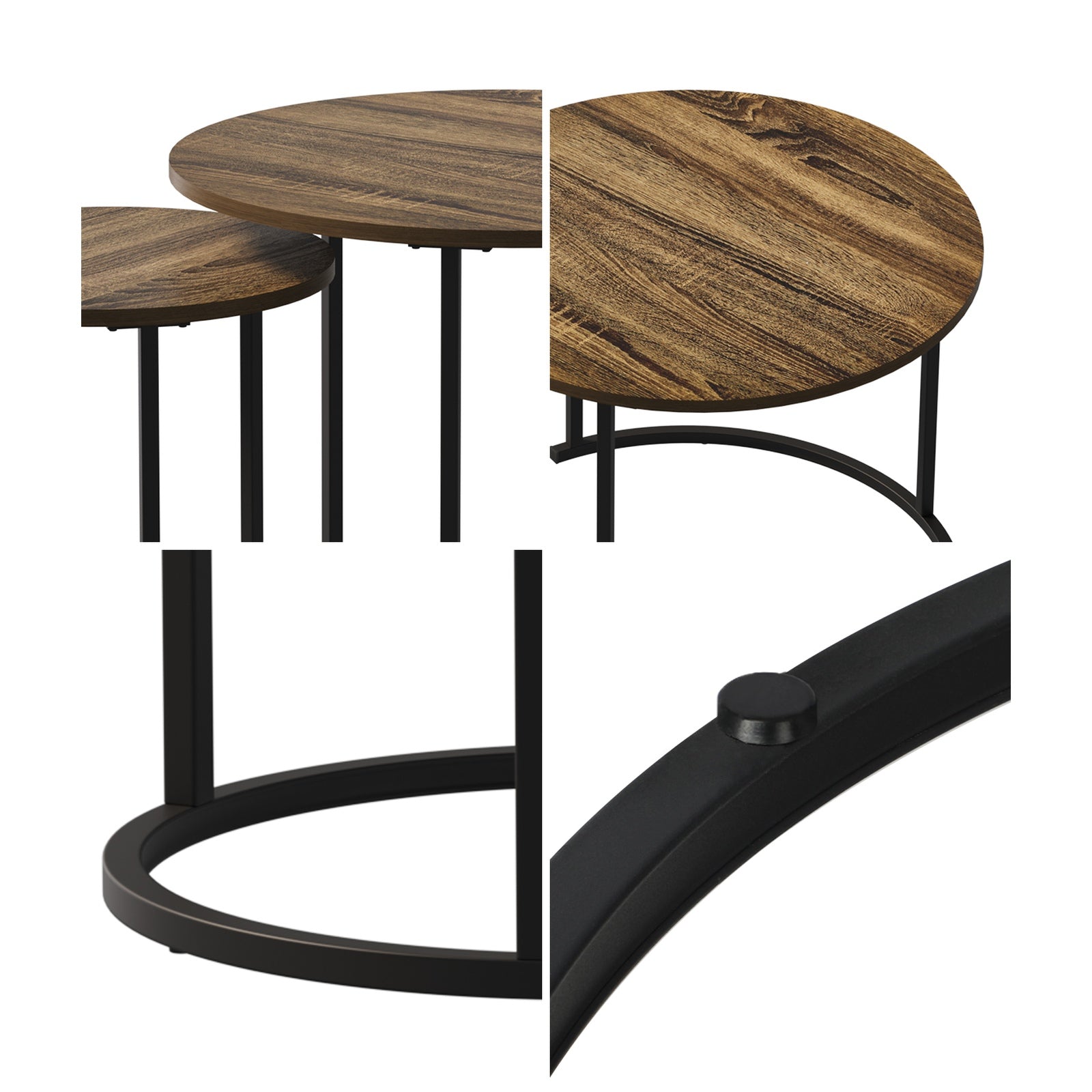Oikiture Set of 2 Nesting Coffee Table Round Side End Tables Natural and black