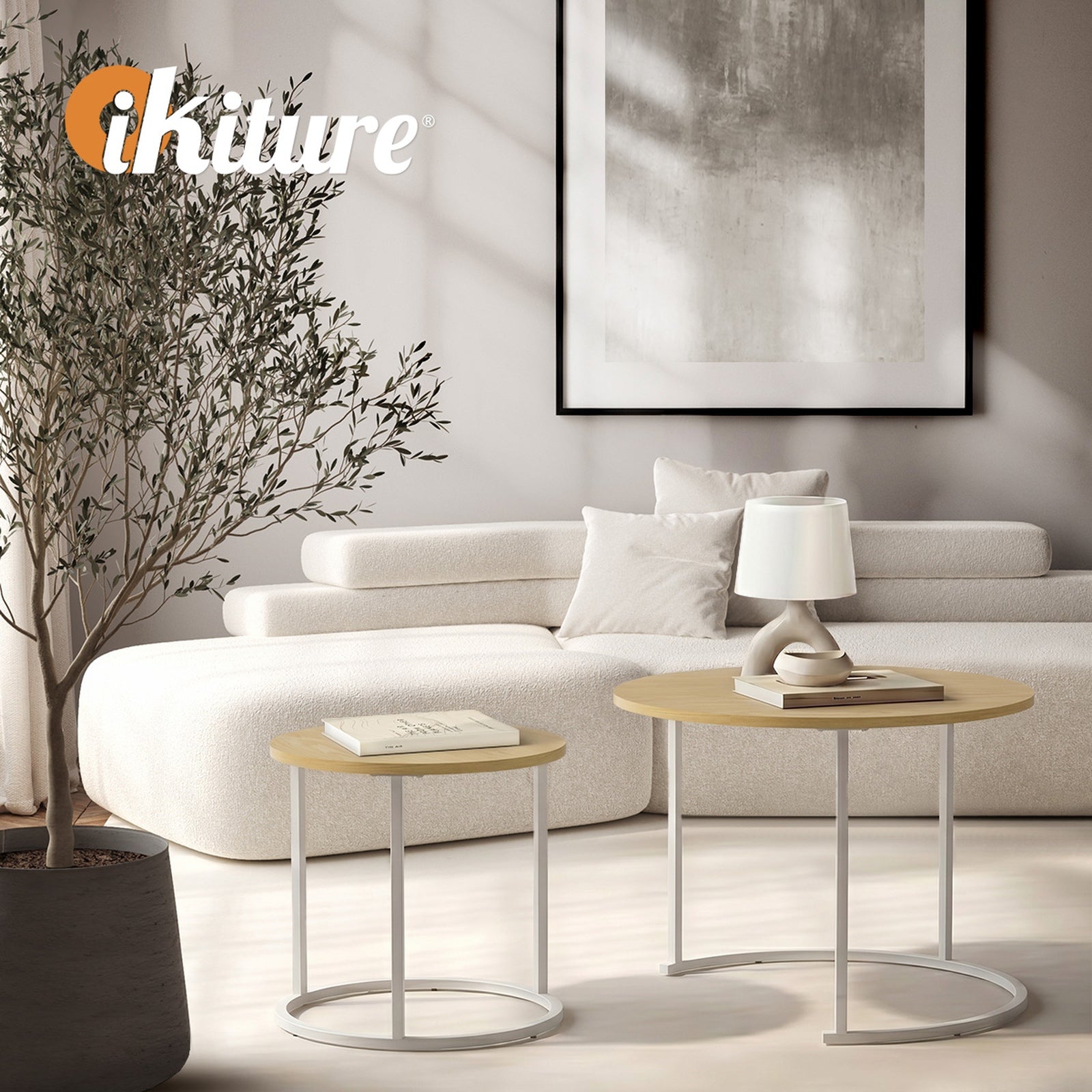 Oikiture Set of 2 Nesting Coffee Table Round Side End Tables Furniture