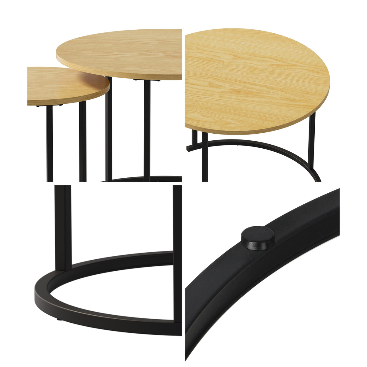 Oikiture Set of 2 Nesting Coffee Table Round Side End Tables Natural and black
