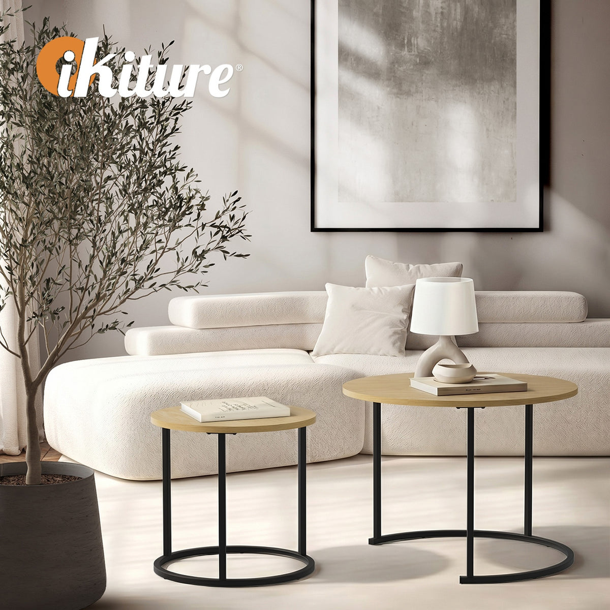 Oikiture Set of 2 Nesting Coffee Table Round Side End Tables Natural and black