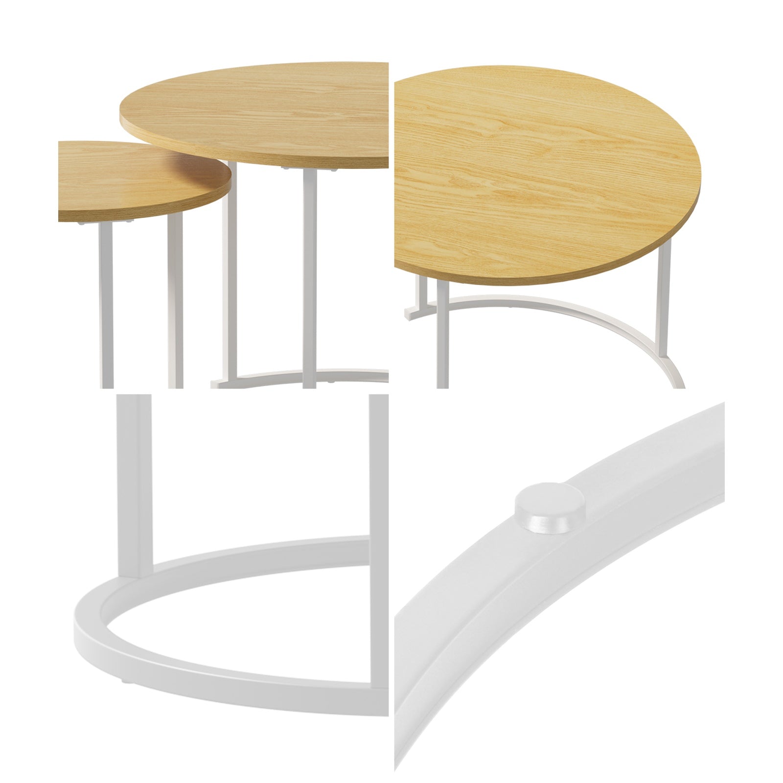 Oikiture Set of 2 Nesting Coffee Table Round Side End Tables Natural and White