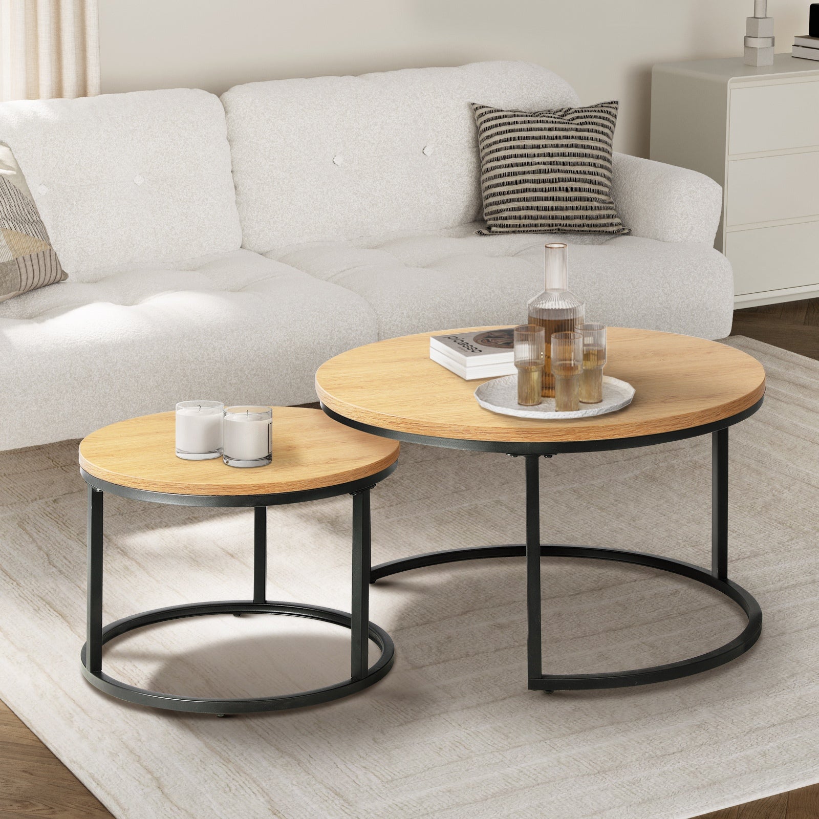 Oikiture Set of 2 Coffee Table Round Nesting Side End Table Natural - Sunyee