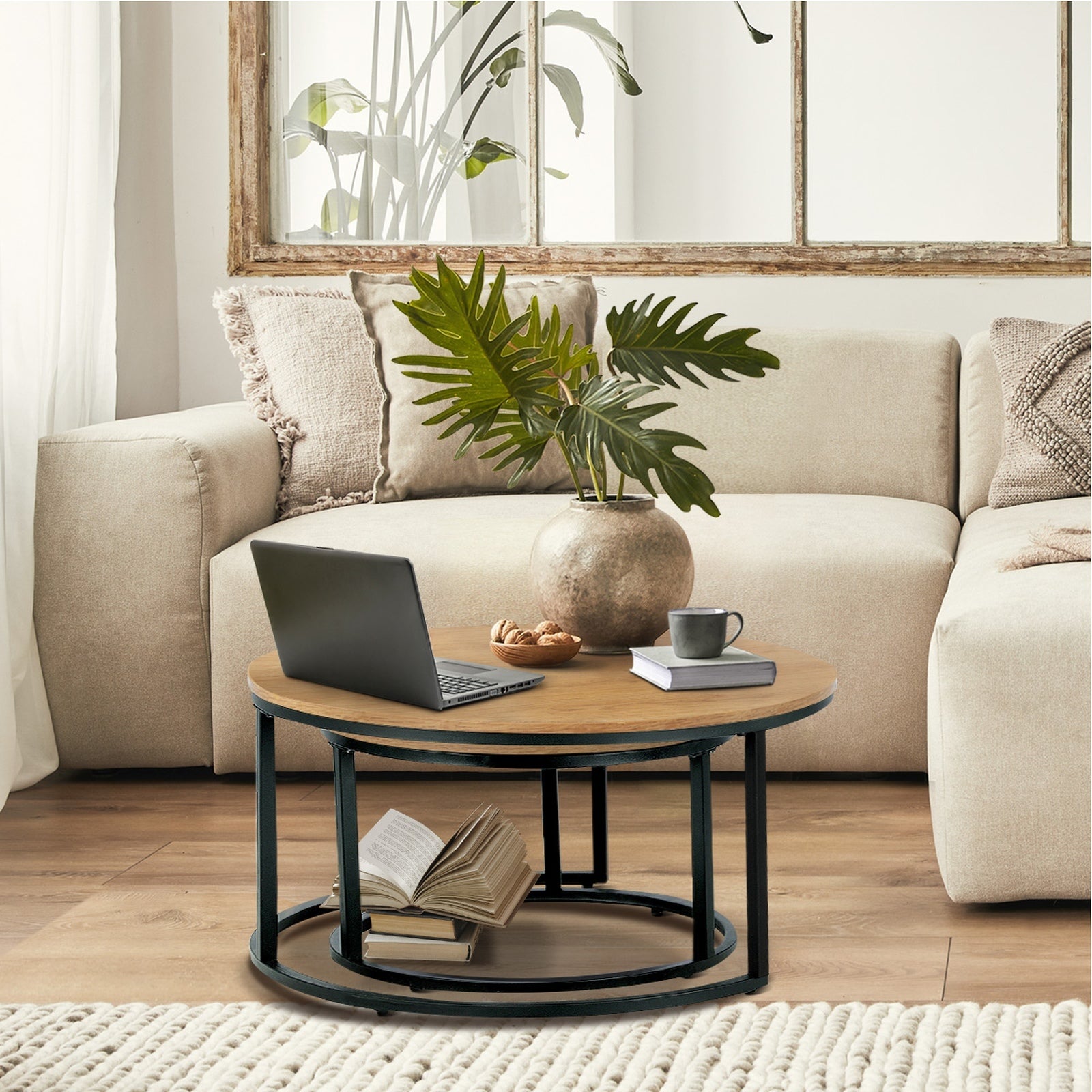 Oikiture Set of 2 Coffee Table Round Nesting Side End Table Natural - Sunyee