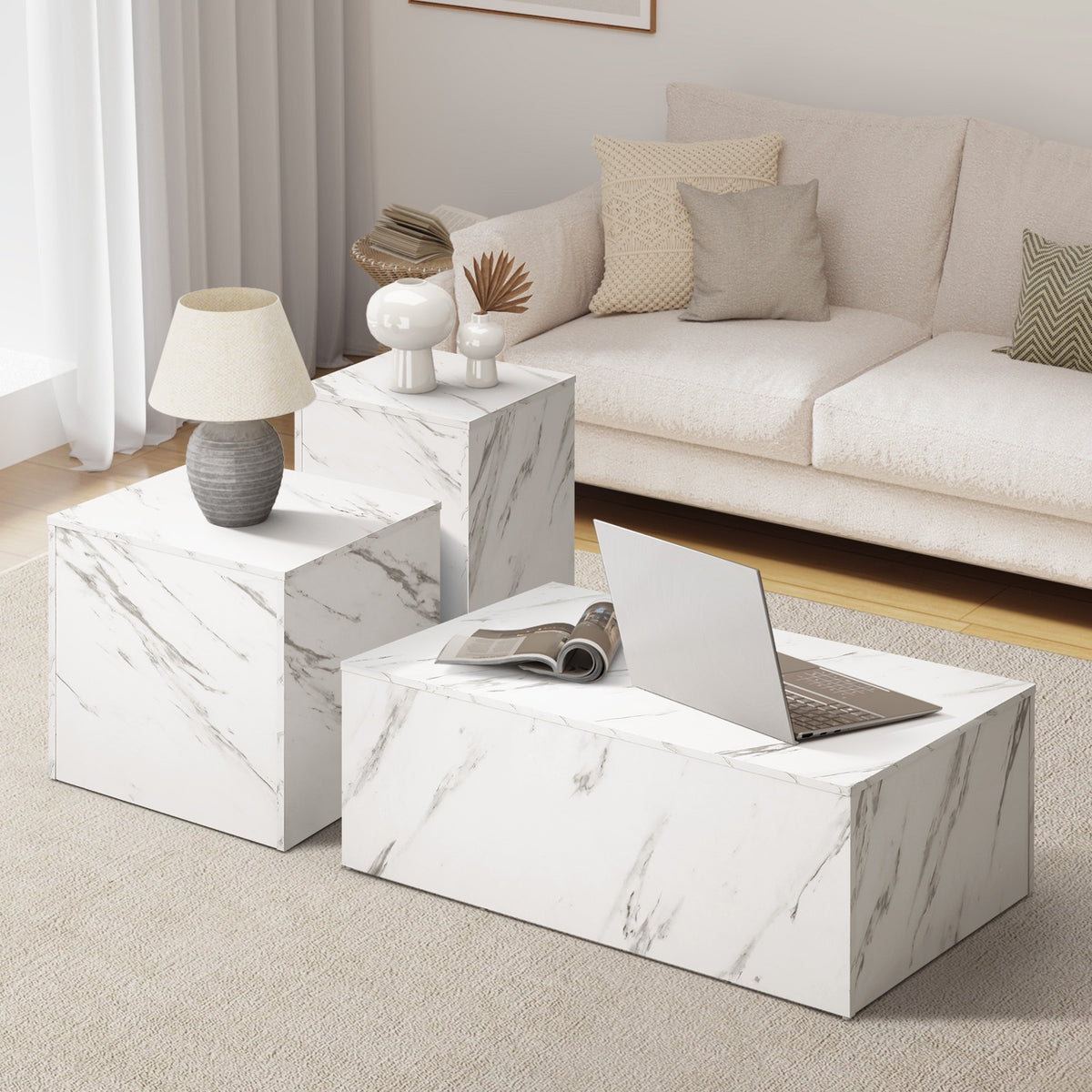 Oikiture Coffee Table Set of 3 Side Tables Sofa Cafe Desk Marble Effect White - Sunyee