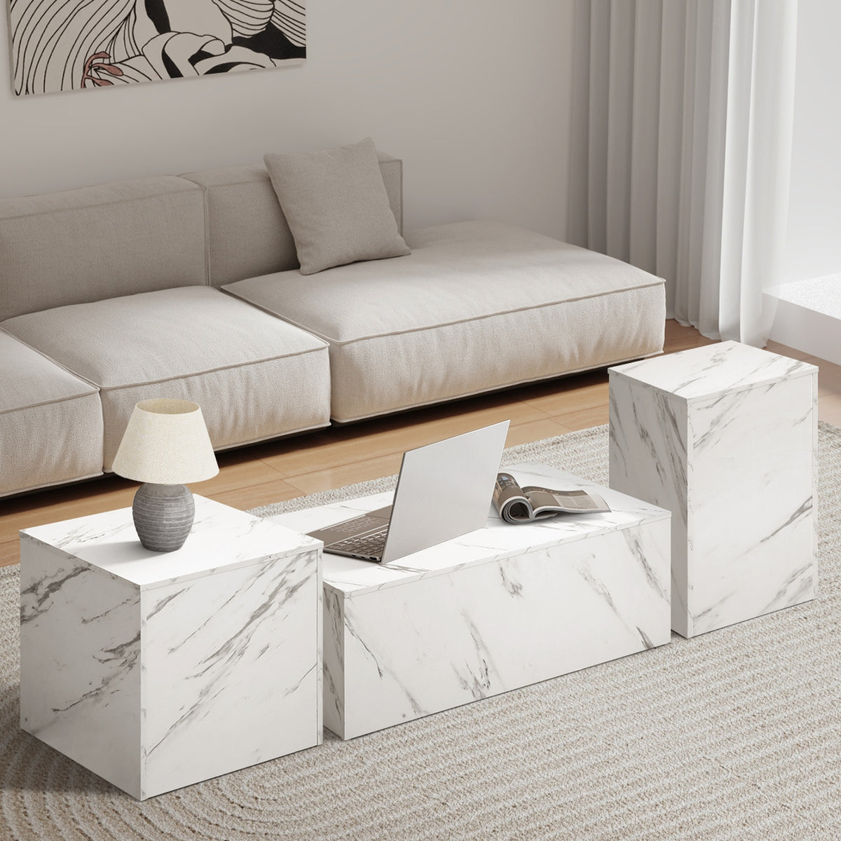 Oikiture Coffee Table Set of 3 Side Tables Sofa Cafe Desk Marble Effect White - Sunyee