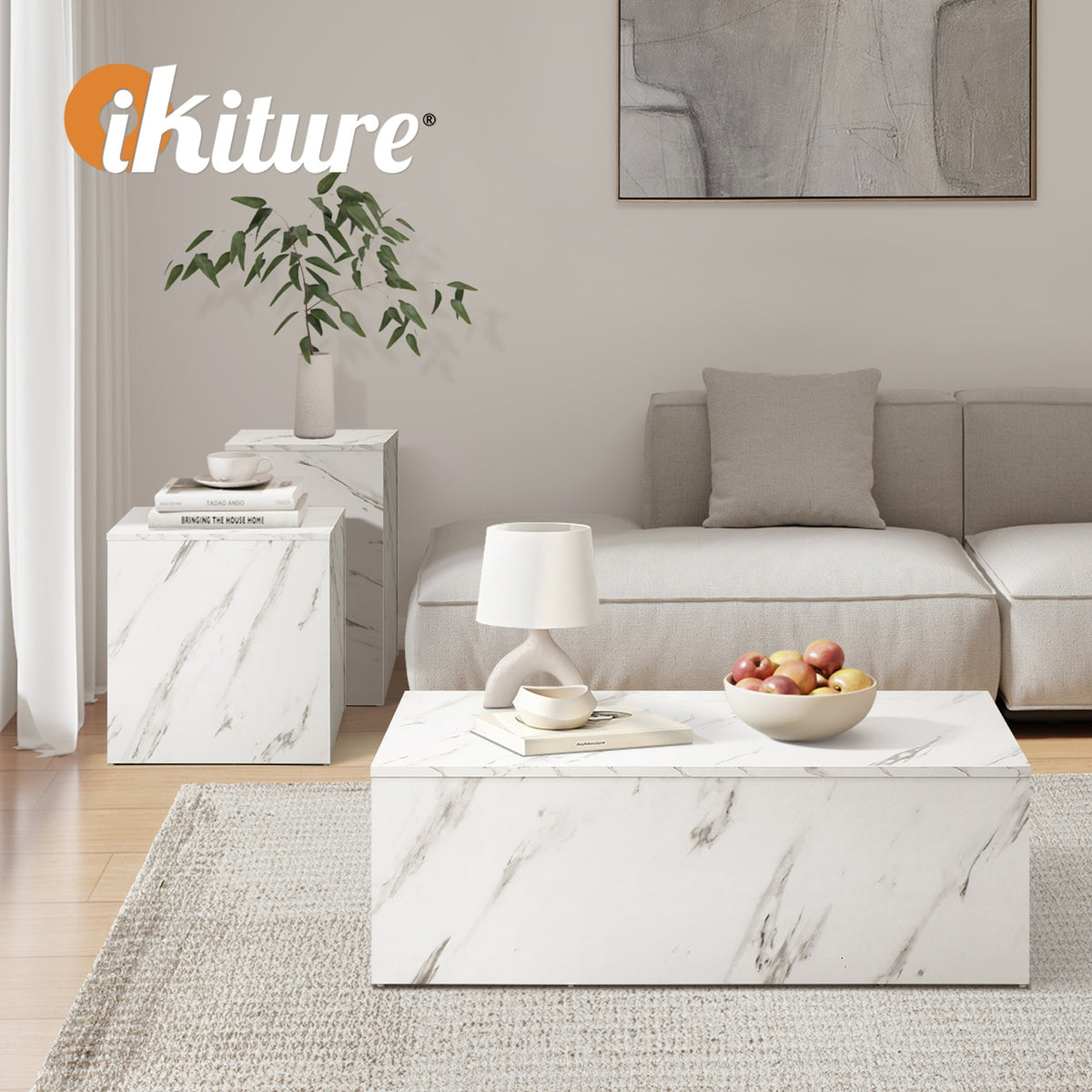 Oikiture Coffee Table Set of 3 Side Tables Sofa Cafe Desk Marble Effect White - Sunyee