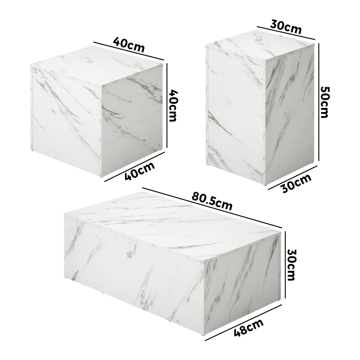 Oikiture Coffee Table Set of 3 Side Tables Sofa Cafe Desk Marble Effect White - Sunyee