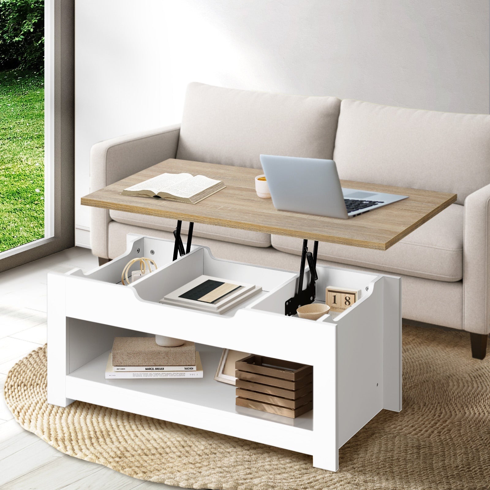 Oikiture Coffee Table Lift Up Top Modern Table Hidden Book Storage Shelf Display - Sunyee