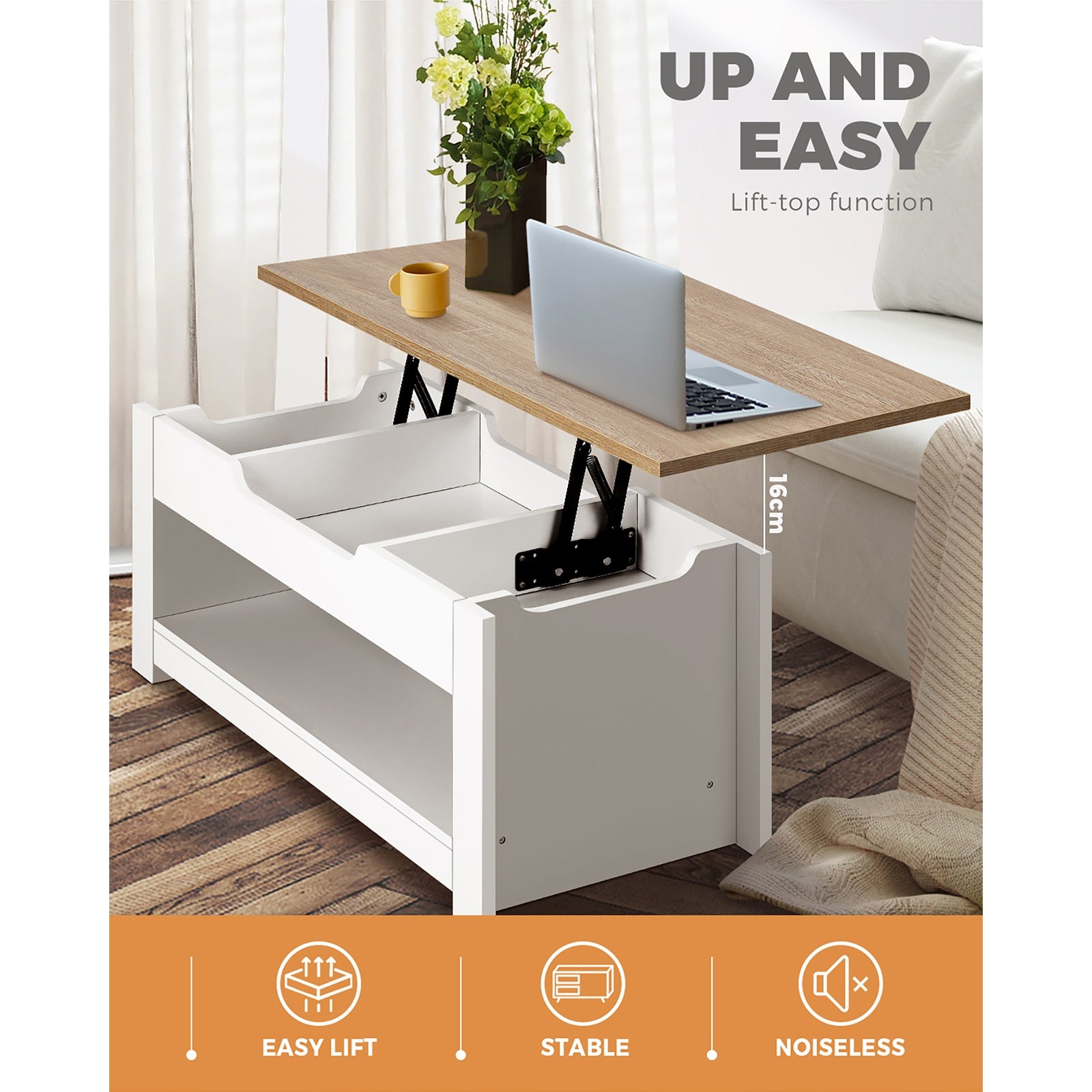 Oikiture Coffee Table Lift Up Top Modern Tables Hidden Storage Shelf Display - Sunyee