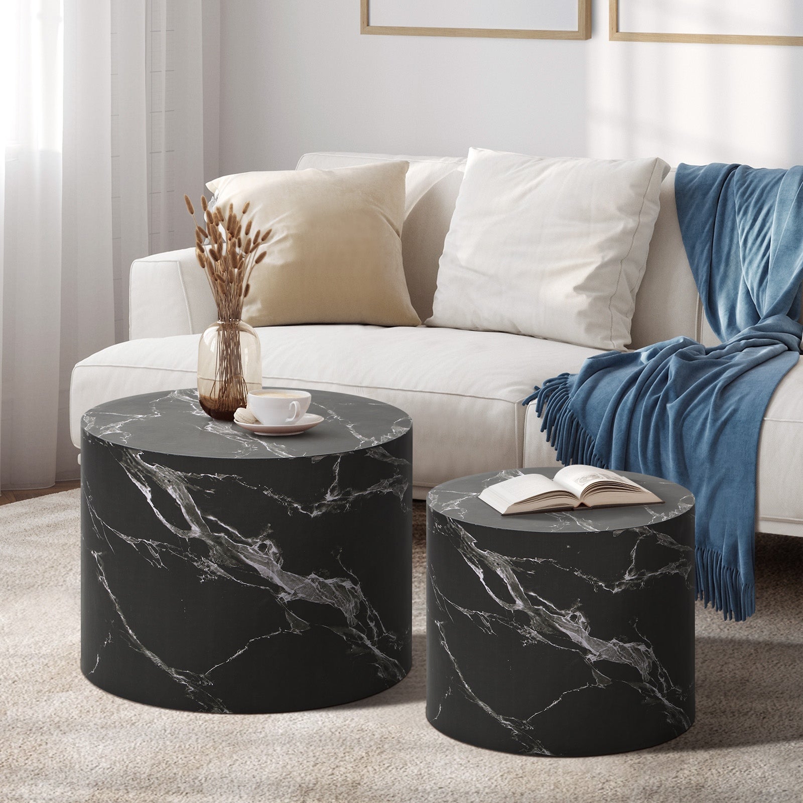 Oikiture Coffee Table Set of 2 Round Side Tables Sofa Cafe Marble Effect Black - Sunyee