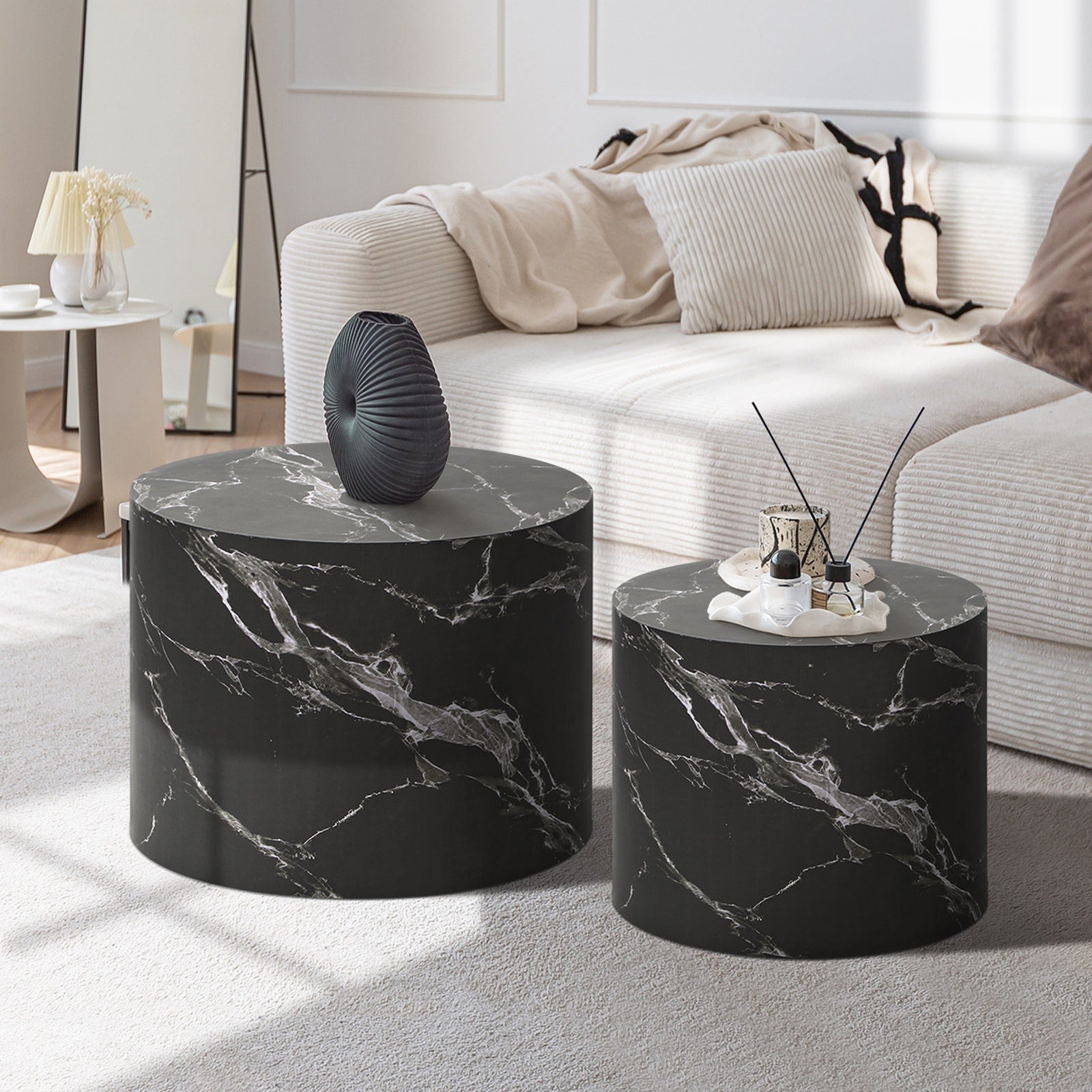 Oikiture Coffee Table Set of 2 Round Side Tables Sofa Cafe Marble Effect Black - Sunyee