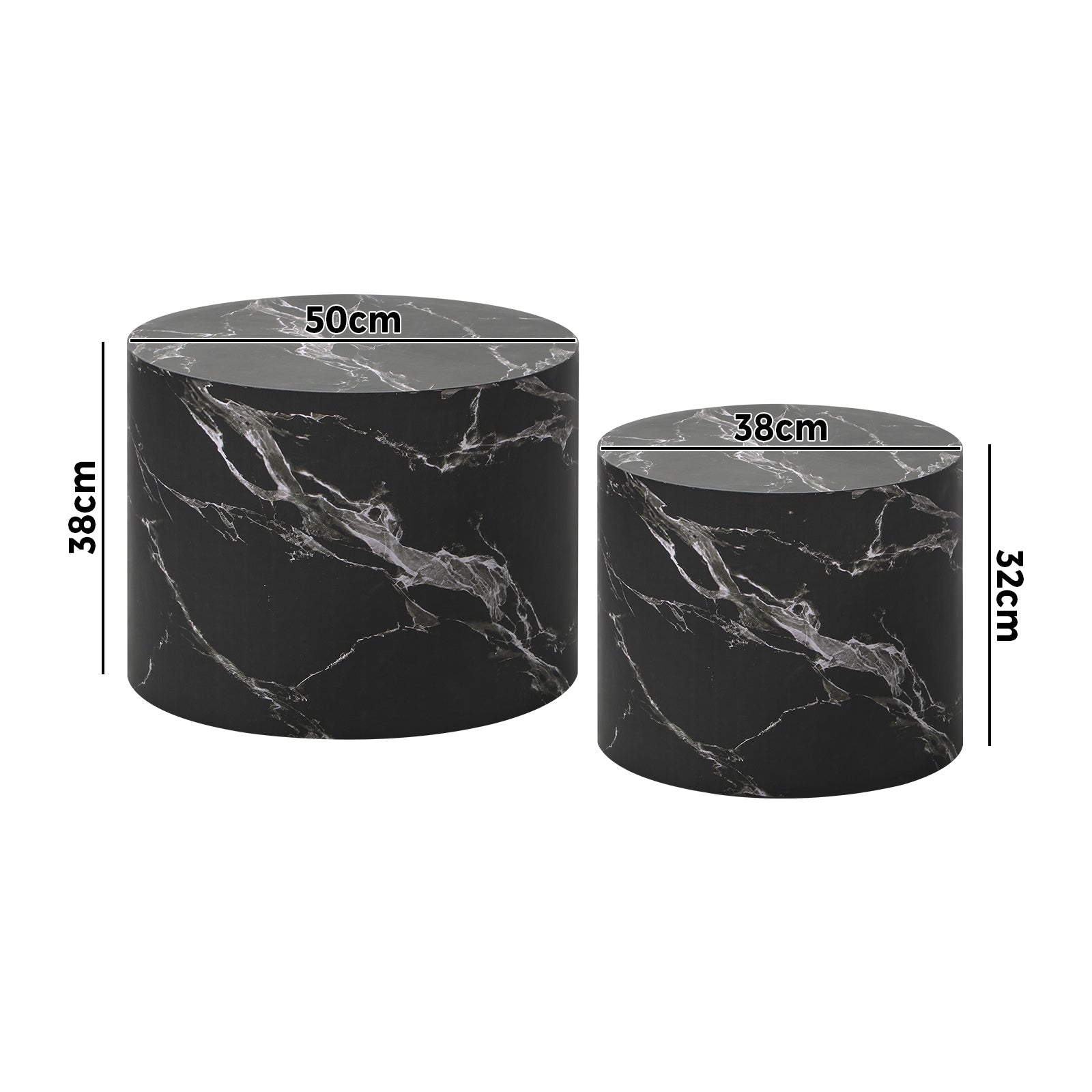 Oikiture Coffee Table Set of 2 Round Side Tables Sofa Cafe Marble Effect Black - Sunyee