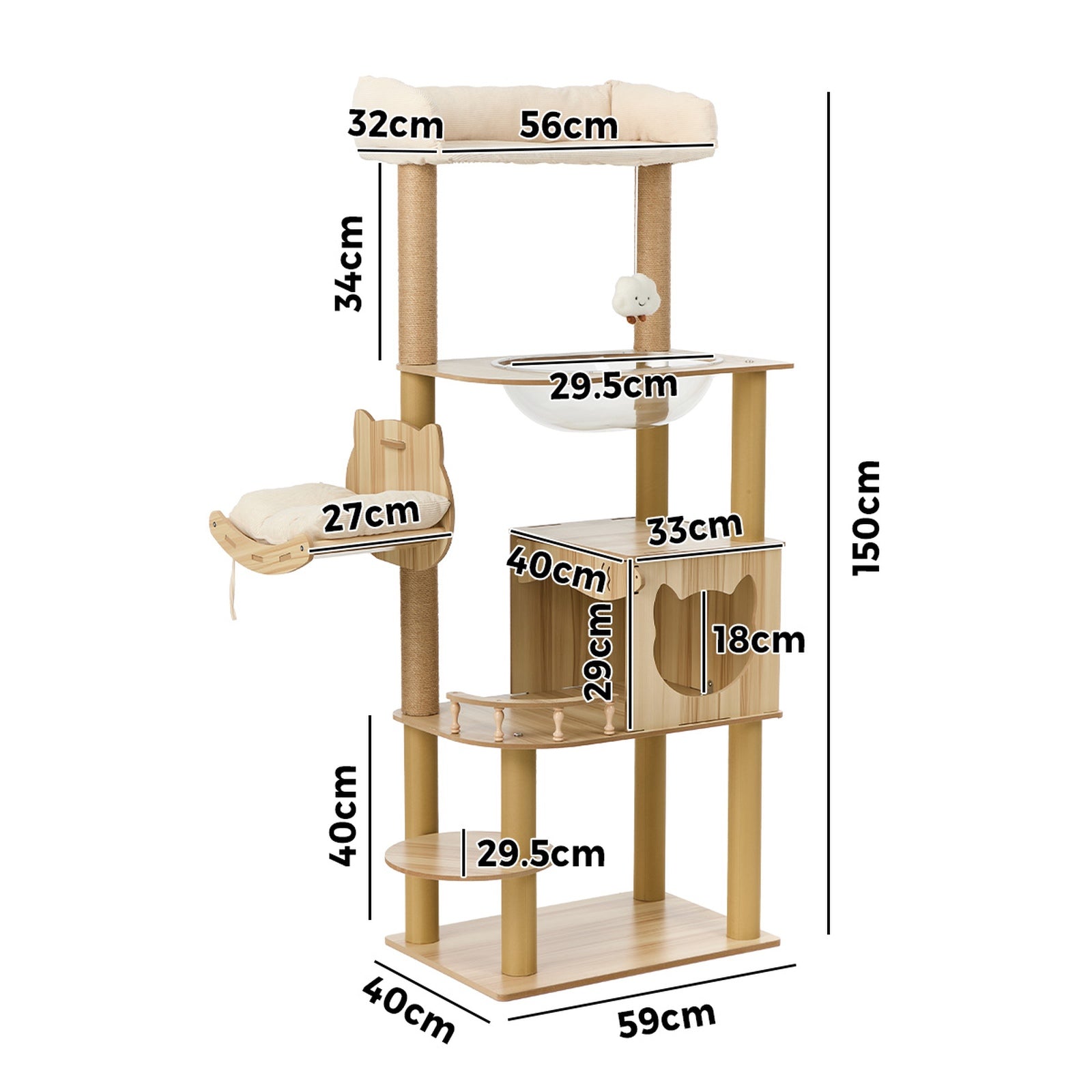 Alopet Cat Tree Tower Scratching Post Scratcher Cats Condo House Bed Wood 150cm - Sunyee