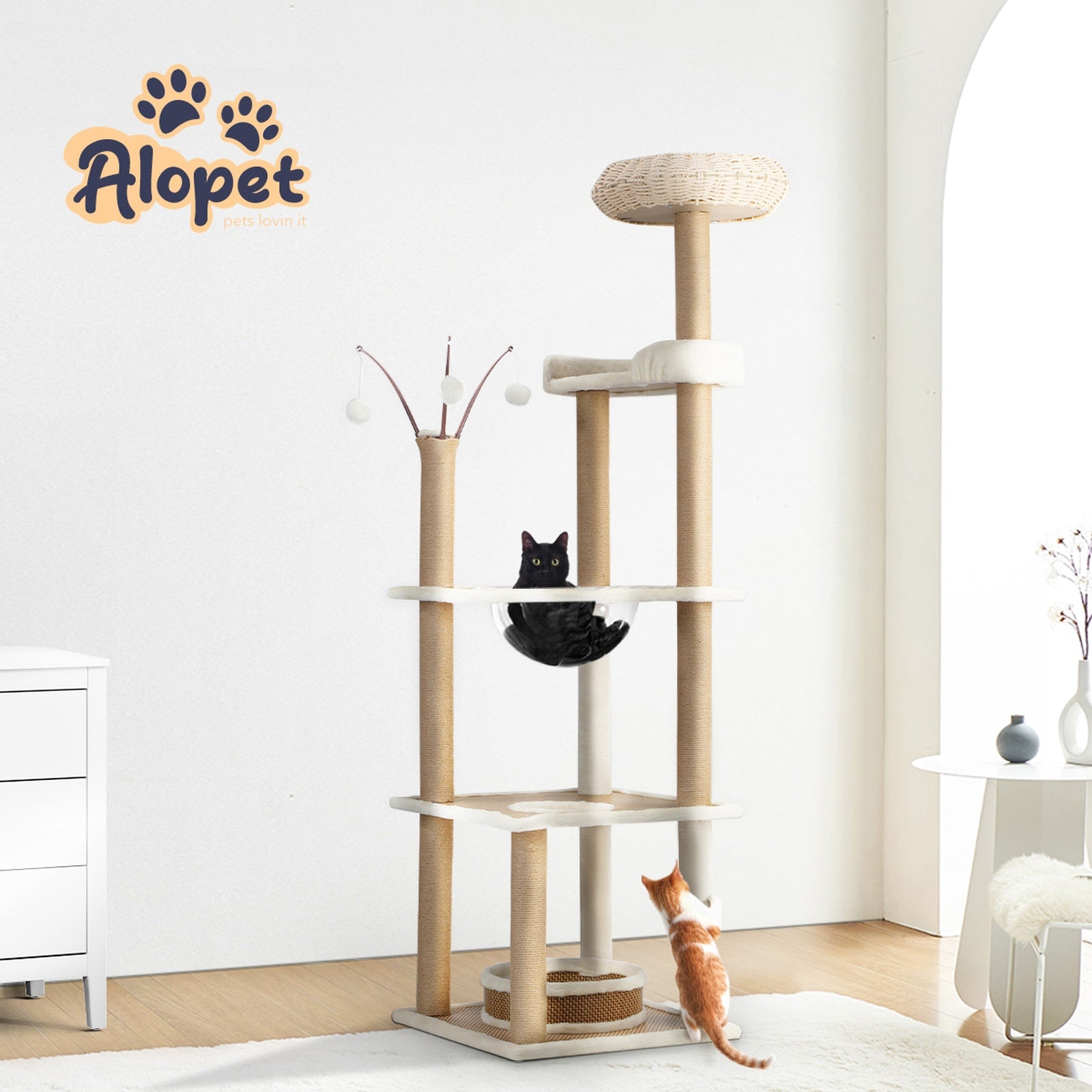 Alopet Cat Tree Tower Rattan Scratching Post Scratcher Cats Condo House 164cm - Sunyee